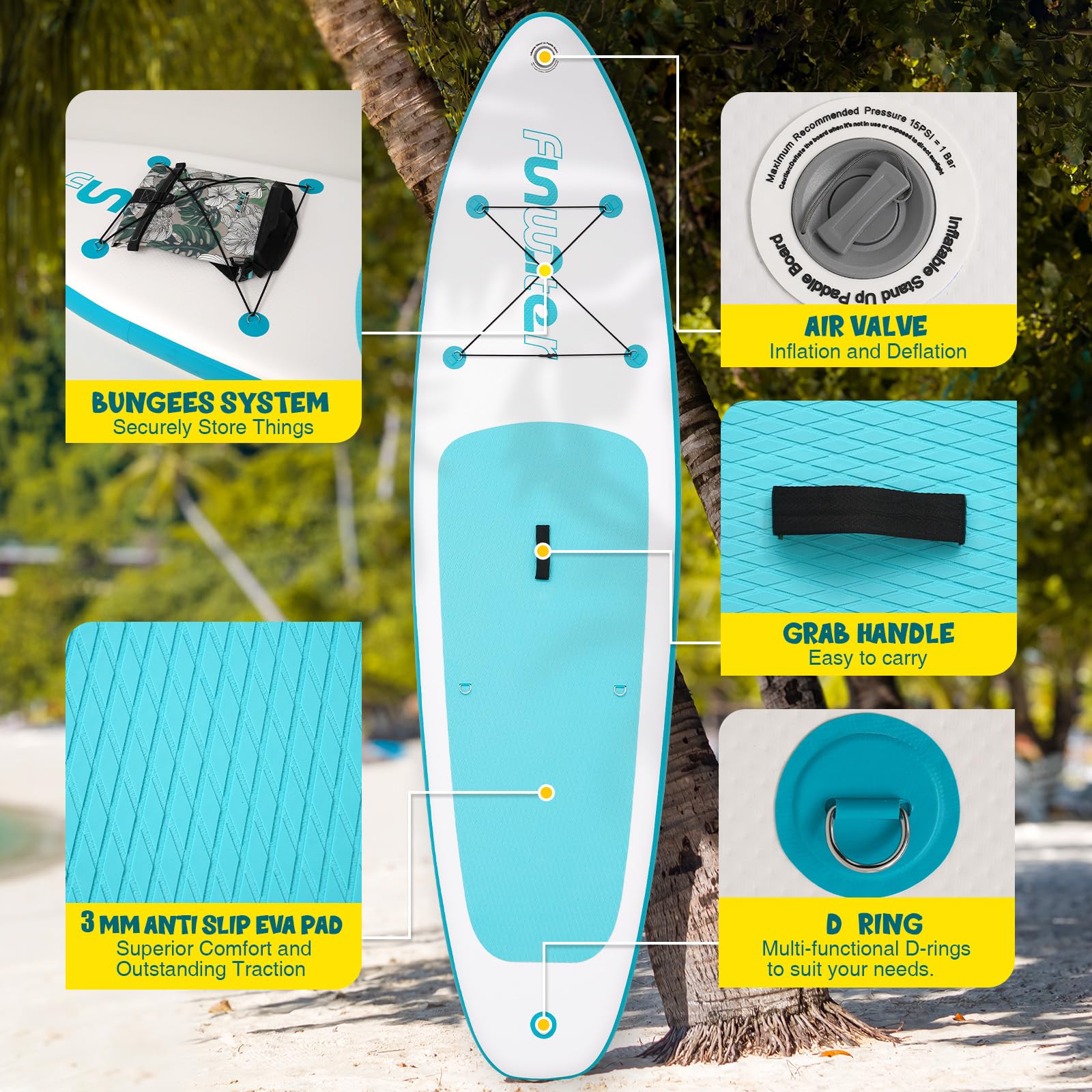 FunWater Tabla de remo inflable para adultos con pala, mochila, 3 aletas, bomba y correa adecuada para principiantes.
