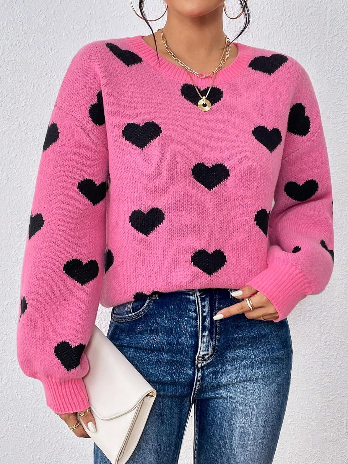 BEDAW Women's Sweater Heart Pattern Drop Shoulder Sweater Sweater for Women (Color : Hot Pink, Size : Large)