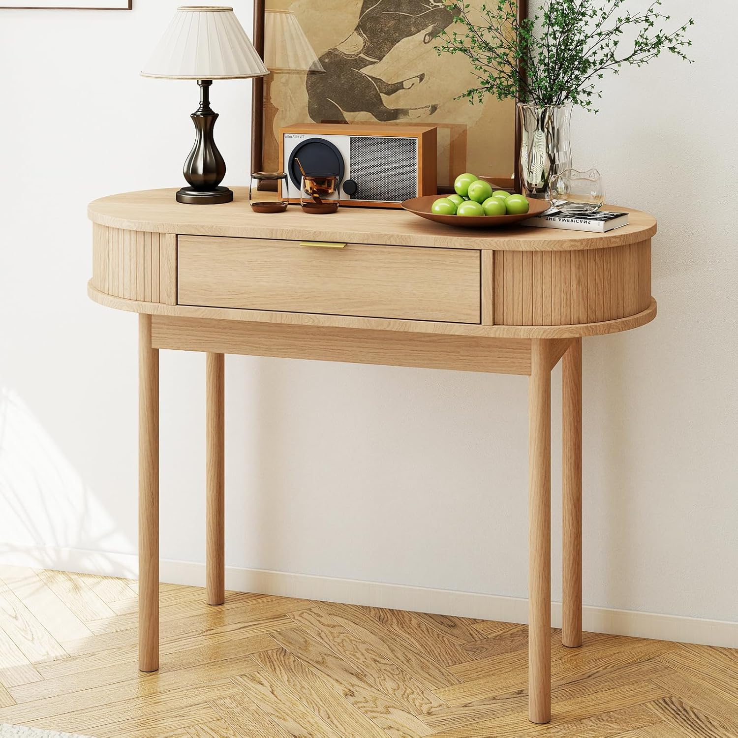 SoarFlash 39 Inch Small Computer Desk with Drawer, Mid-Century Modern Writing Desk with Solid Wood Legs - Compact Home Office Desk & Makeup Vanity for Small Space, Bedroom Study Table in Oak