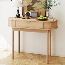 SoarFlash 39 Inch Small Computer Desk with Drawer, Mid-Century Modern Writing Desk with Solid Wood Legs - Compact Home Office Desk & Makeup Vanity for Small Space, Bedroom Study Table in Oak