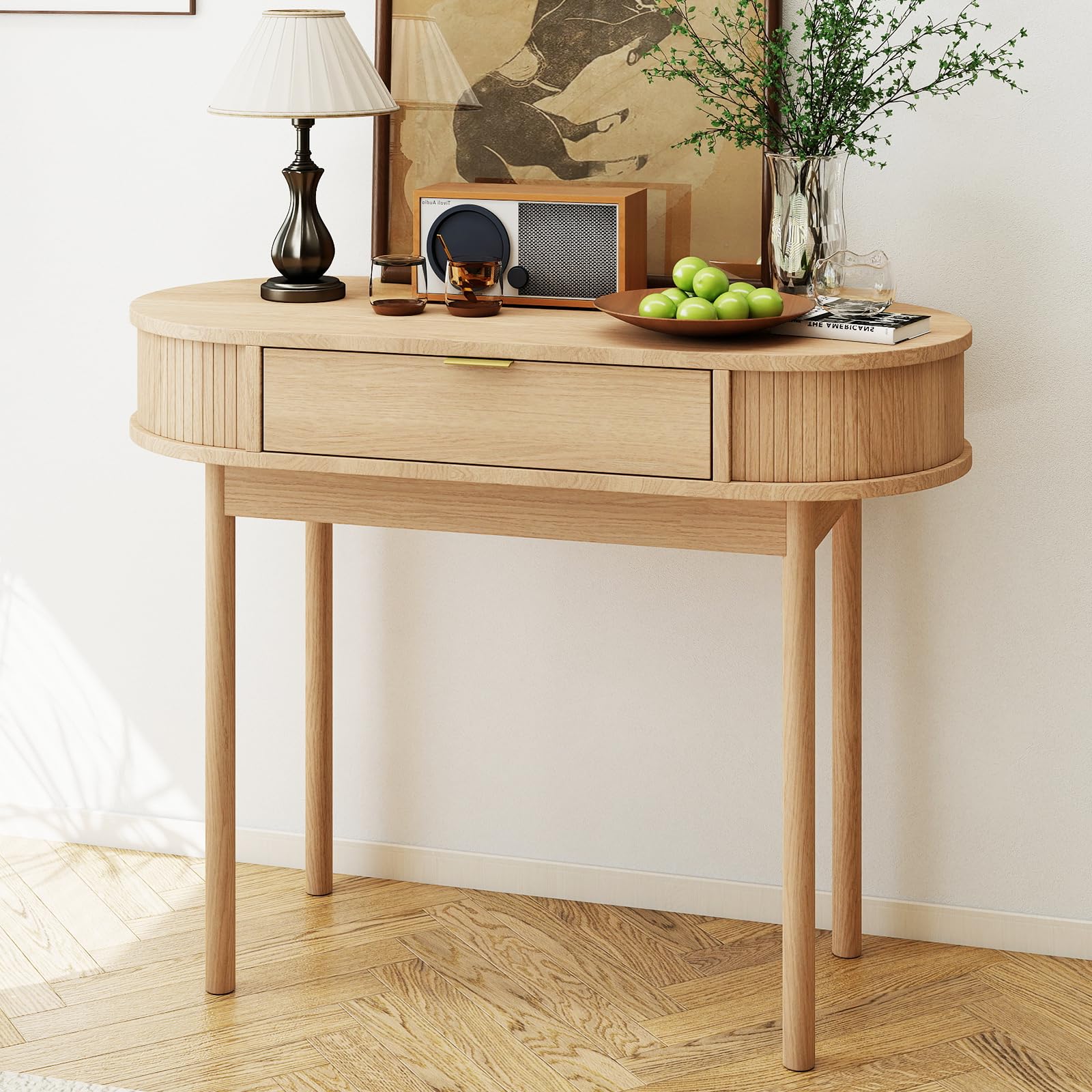 SoarFlash 39 Inch Small Computer Desk with Drawer, Mid-Century Modern Writing Desk with Solid Wood Legs - Compact Home Office Desk & Makeup Vanity for