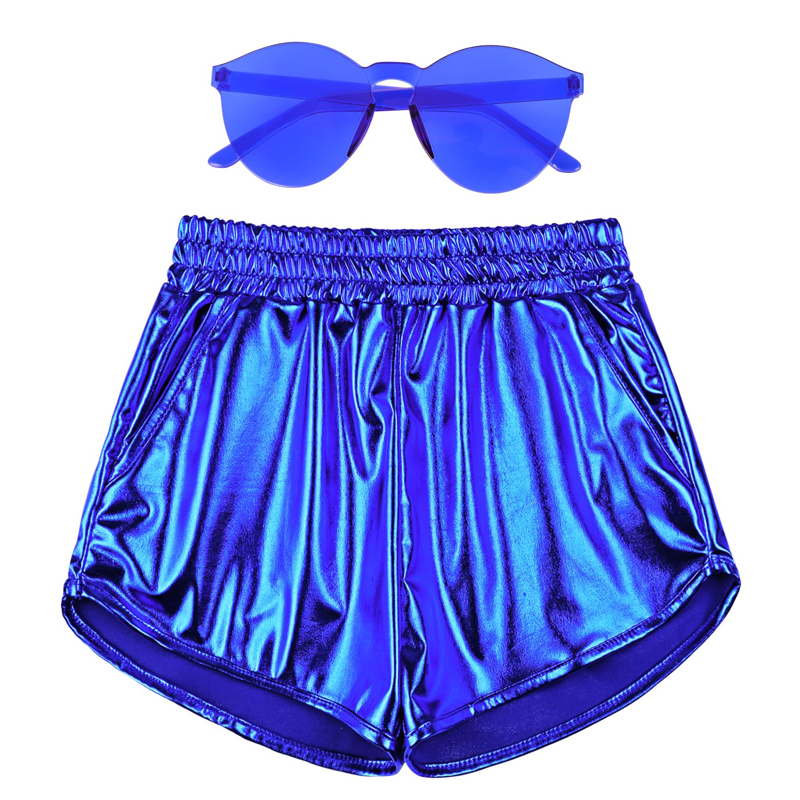 Mirawise Girls Metallic Shorts Shiny Hot Pants Sparkly Dance Outfits Short Pants with Sunglasses