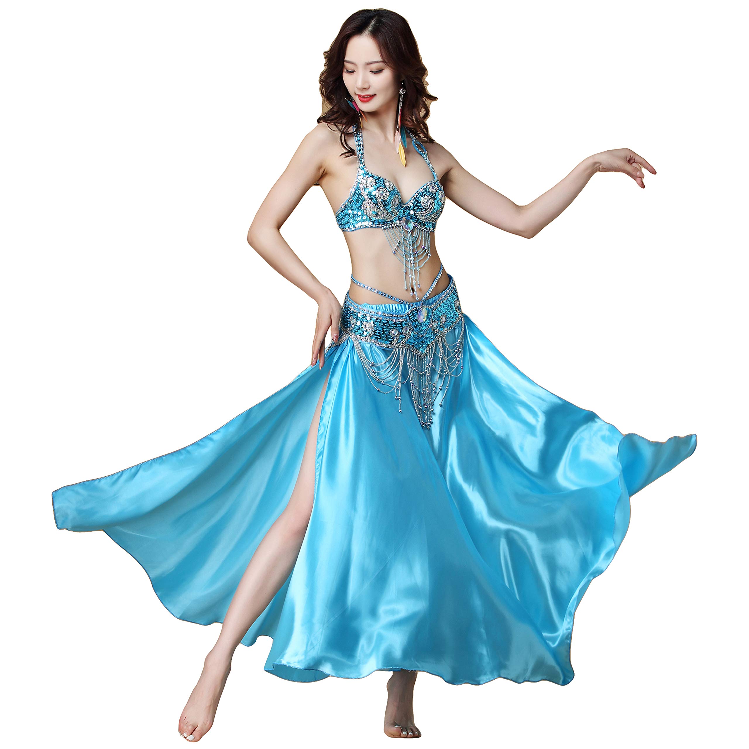Baisdan Women's Sky Blue Arabic Belly Dance Halloween Carnival Fancy Dress Costume Dancing Outfit Top Belt Skirt Suit Large