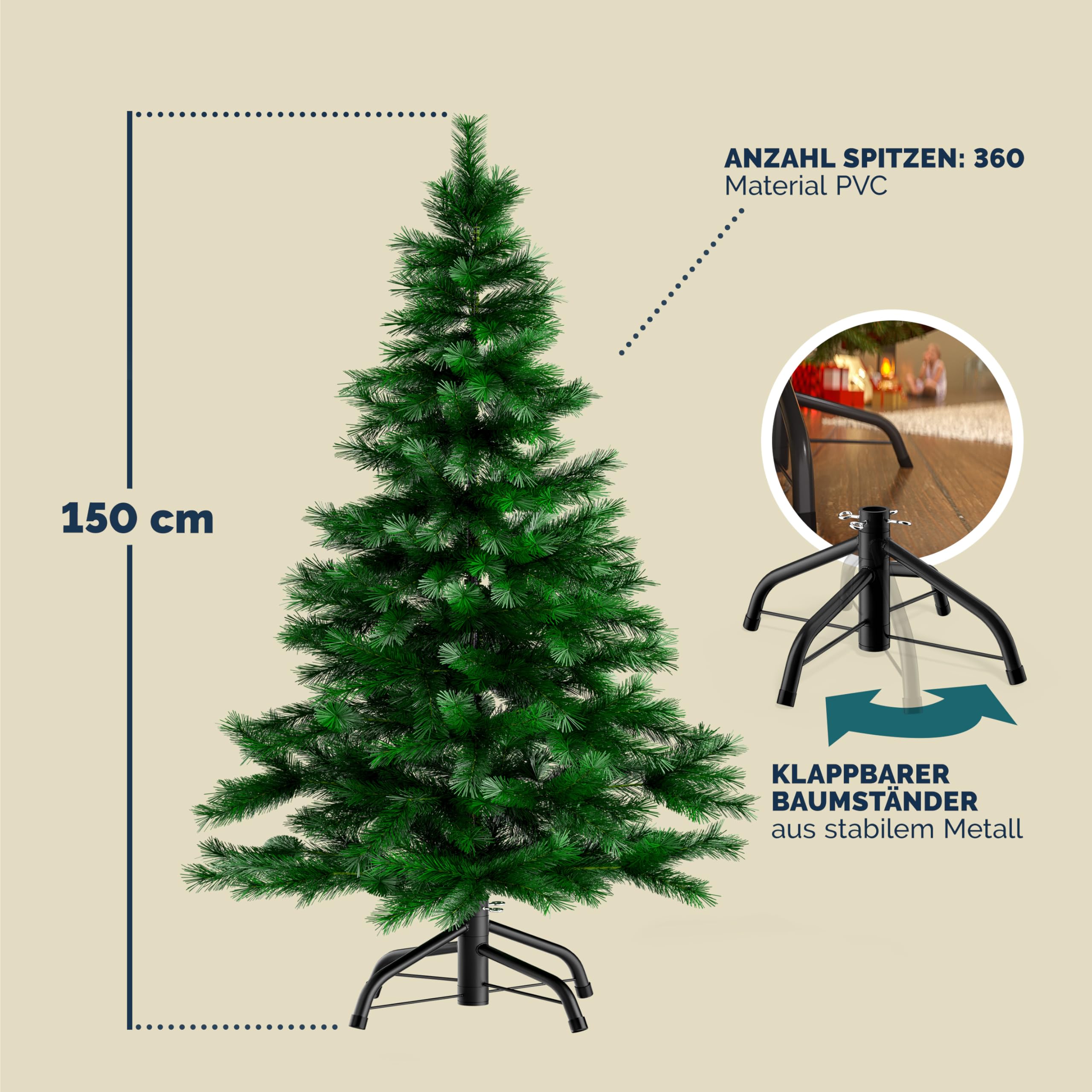 CASARIA® Weihnachtsbaum künstlich 150cm dichte Spitzen schneller Aufbau Metallständer naturgetreu schwer entflammbar grün Tannenbaum Deko Christmas
