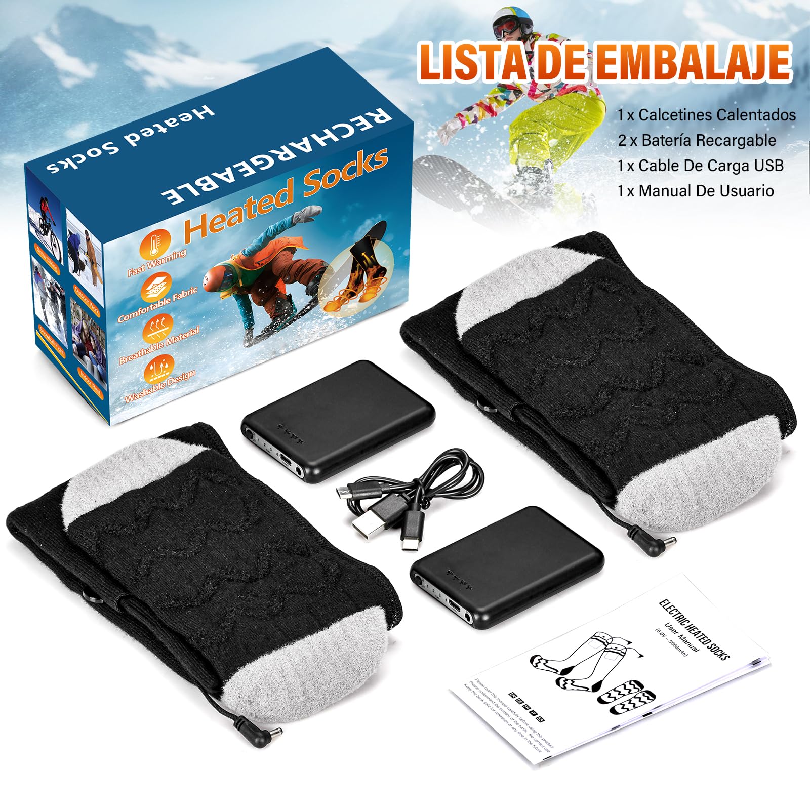 Calcetines Calefactables,5V/5000mAh Recargables Calcetines Electricos Calefactables con 4 Temperaturas,Bateria Calcetines Calefactables Hombres Mujer 36-46,para Esquí,Exterior,Senderismo
