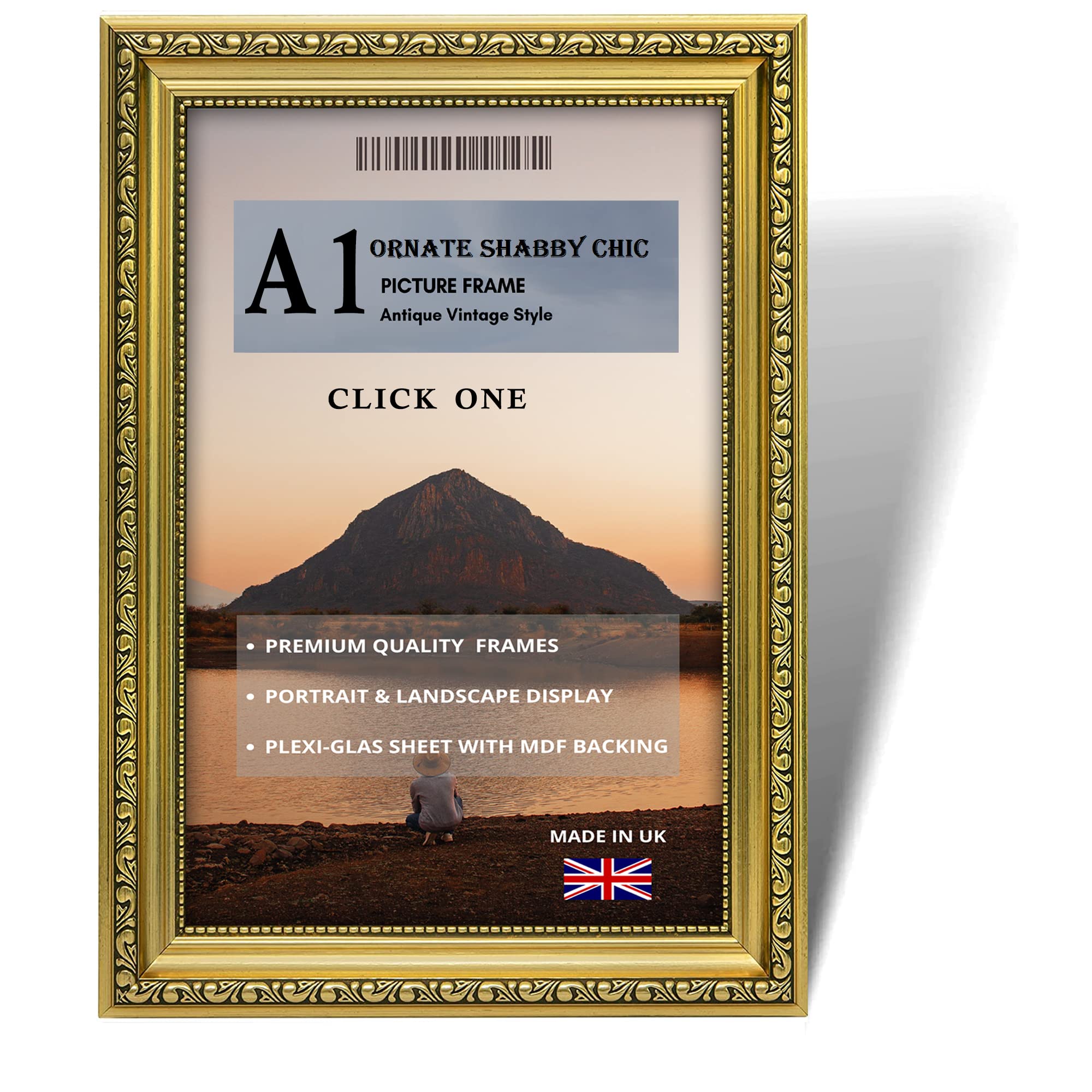 Clickone Ornate Click One Gold Shabby Chic Picture Photo Poster Frame -Gold Antique Vintage Style - Mdf Backing Board With Perspex Sheet | For Gift Wall Art Gallery Home Decor (A1 (59.4 Cm X 84.1 Cm))