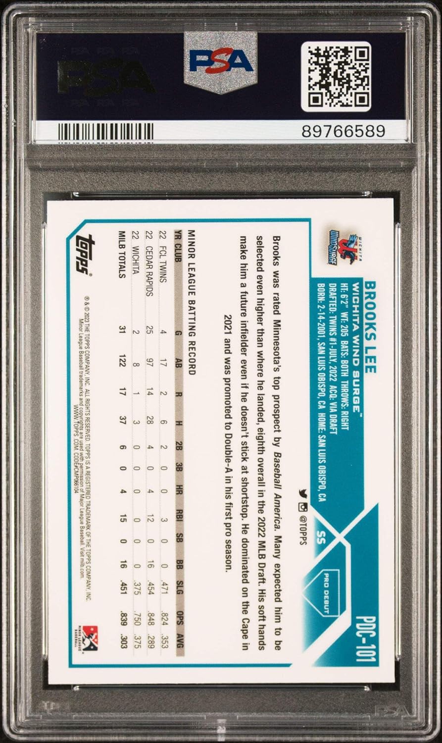 Graded 2023 Topps Pro Debut Brooks Lee #PDC101 Chrome Rookie RC Baseball Card PSA 10 Gem Mint