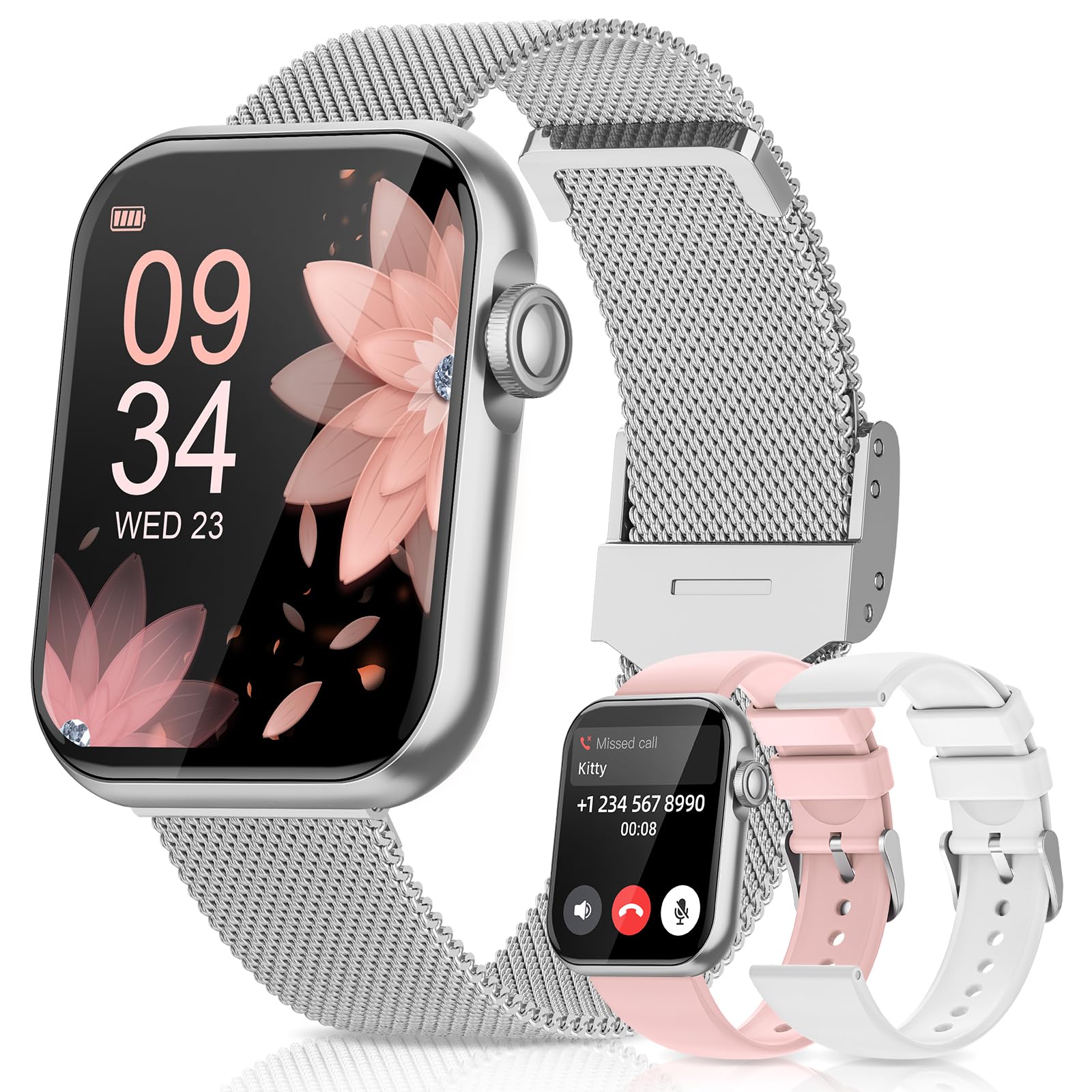 DEKELIFE Smartwatch Donna con Chiamate Bluetooth, 1,85'' HD Orologio con Fisiologia Feminile/SpO2/Sonno/Cardiofrequenzimetro, 100+ Sportive Fitness, Impermeabile IP68 Contapassi Android iOS Argento