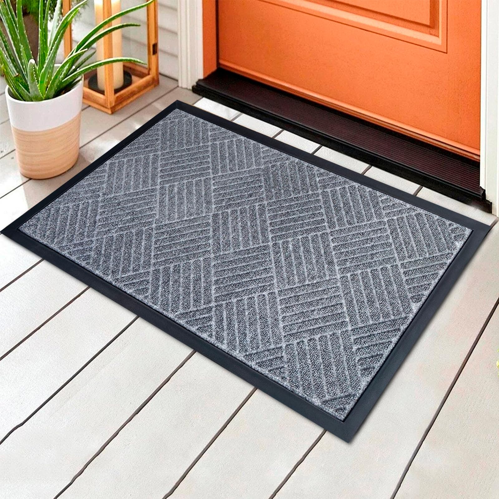 Alfombrillas de bienvenida para puerta delantera, felpudo de entrada interior, diseño clásico de patrón tejido, decora tu hogar mientras atrapa la suciedad de los zapatos, gris, 29.5 x 17 pulgadas