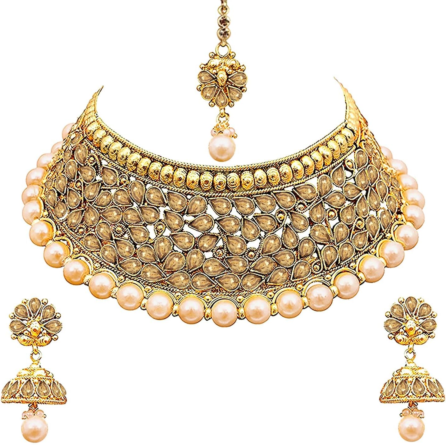 Indian Wedding Designer Faux Kundan Encrusted Choker Necklace with Maang Tikka Set Party Ethnic Fashion Jewelry Gift for Women