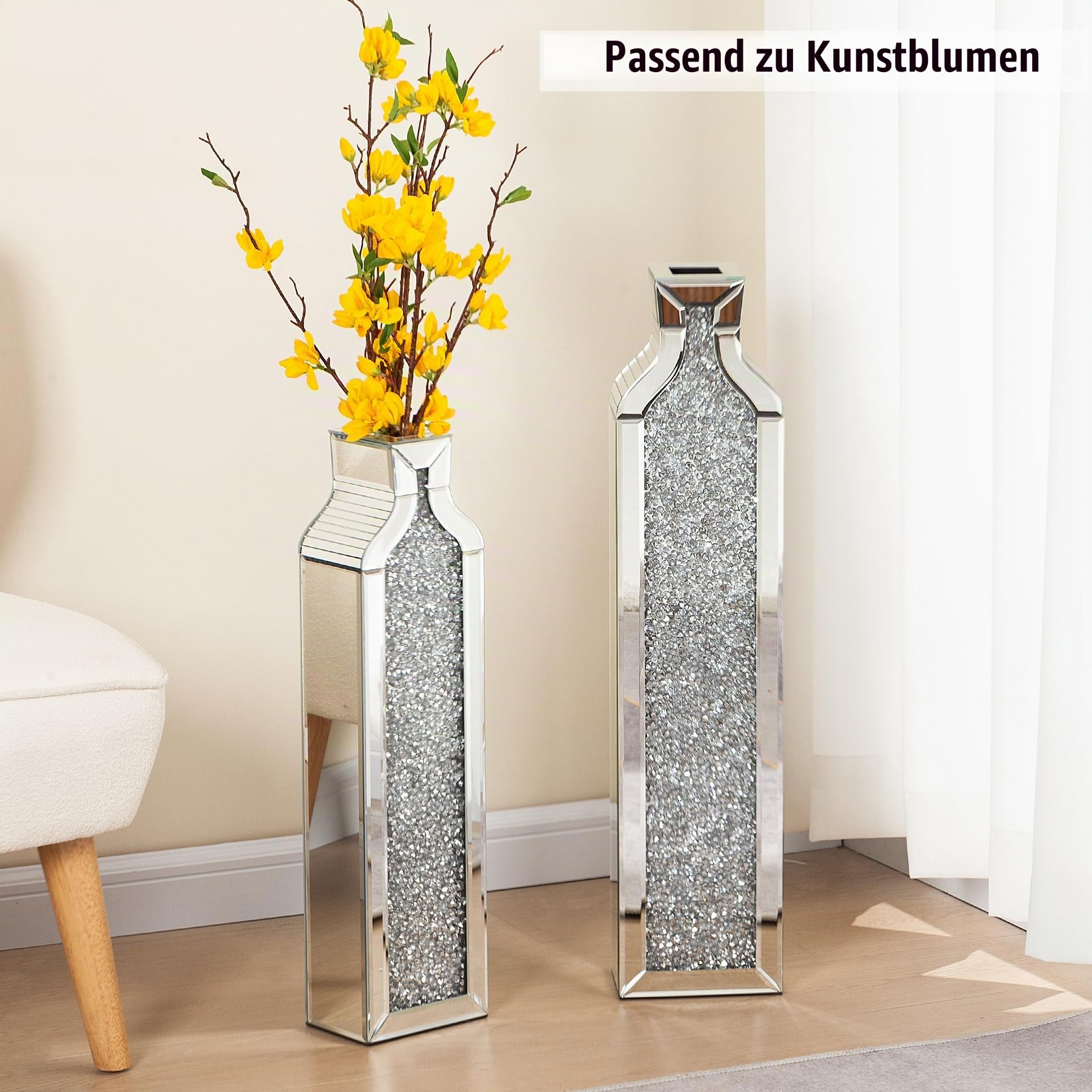 SHYFOY Crushed Diamond Spiegel Boden Vase Set aus 2 – Moderne Silberne Dekorative Kristall Große Vasen für Wohnzimmer, Schlafzimmer, Büro, 61 cm & 76 cm