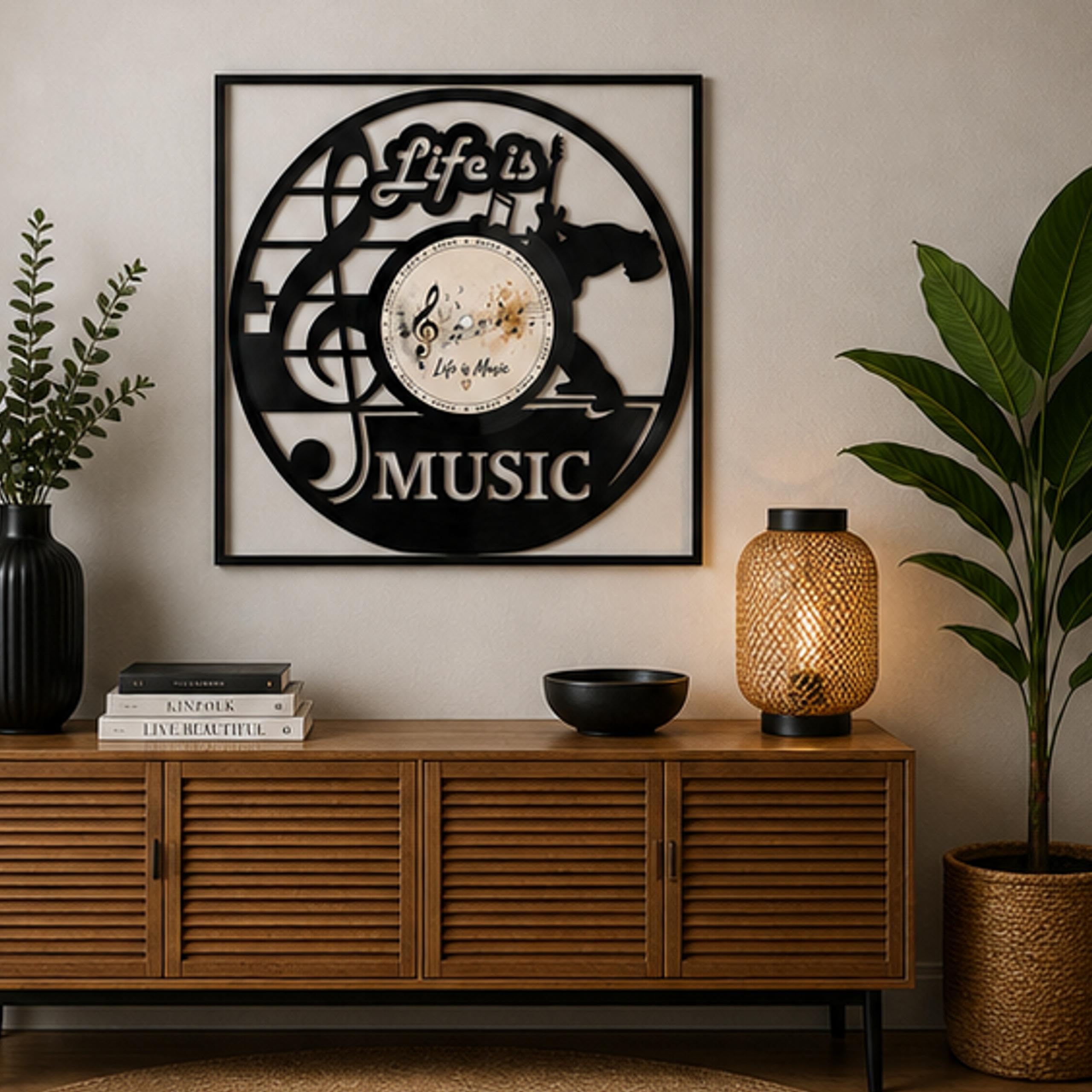 EVEVO Decorazione da parete in vinile con cornice, 32 x 32 cm, Life is Music, decorazione da parete in vinile, regalo per musicisti, amanti della musica e audiofili