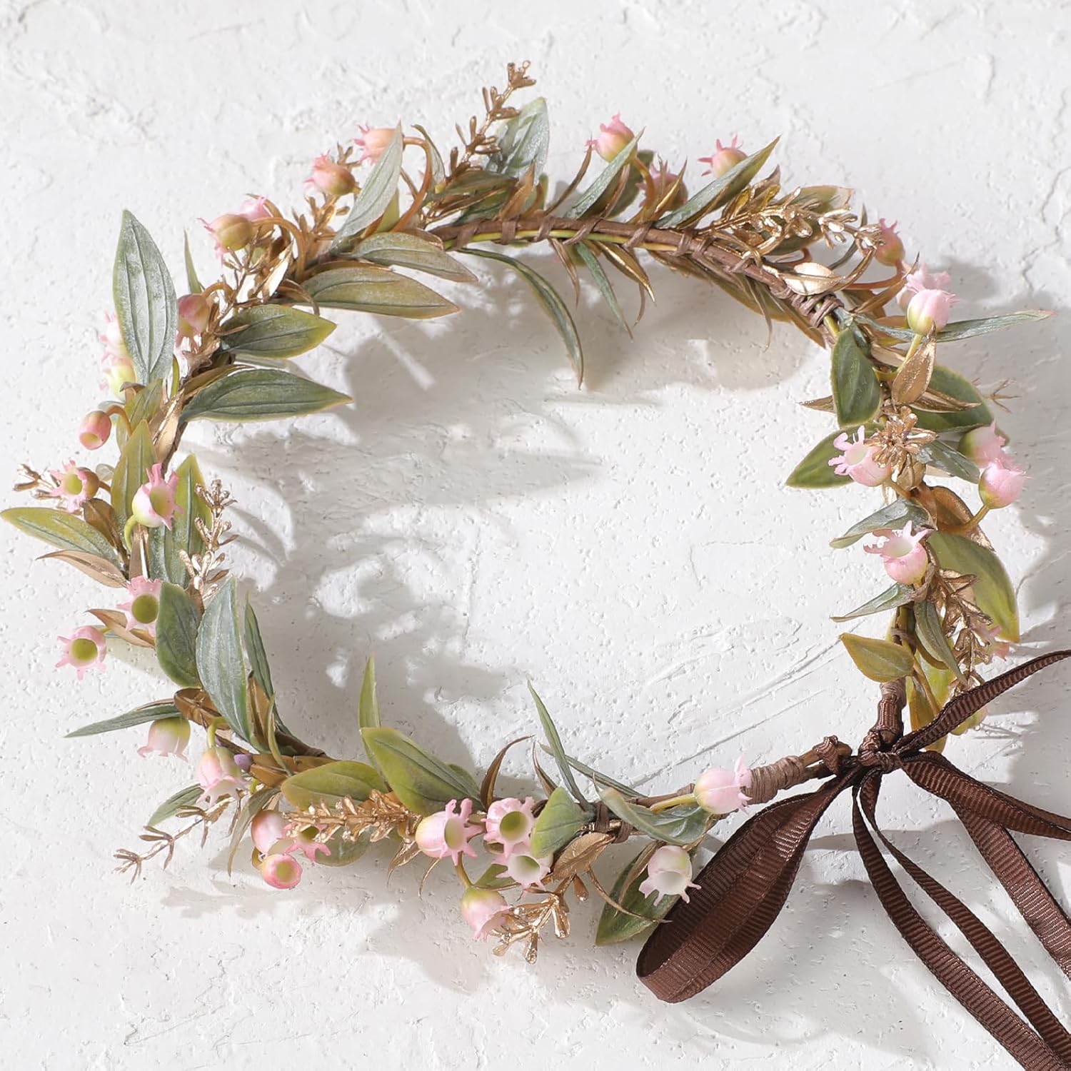 Pink Flower Crown Headband - Adjustable Golden Green Leaf Floral Headpiece Renaissance Hair Accessories for Women Girls Bridal Wedding Birthday Vacation Festival Party Photo Props - Image 5