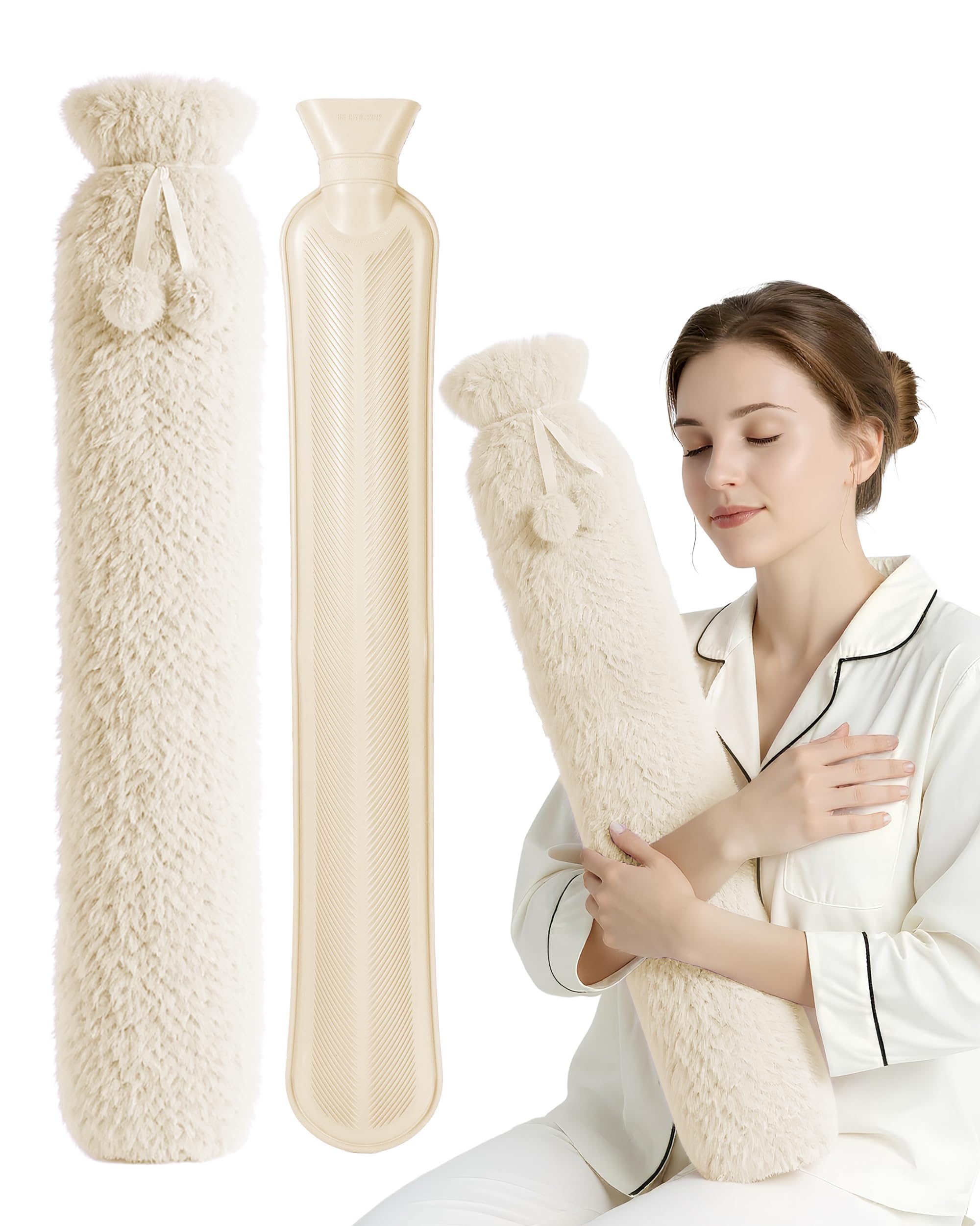 KEPLIN Extra Long 2L Hot Water Bottle with Super Soft Fleece Cover, Durable Natural Rubber, Long Lasting Warmth for Neck, Back & Body, Winter Comfort - Cream