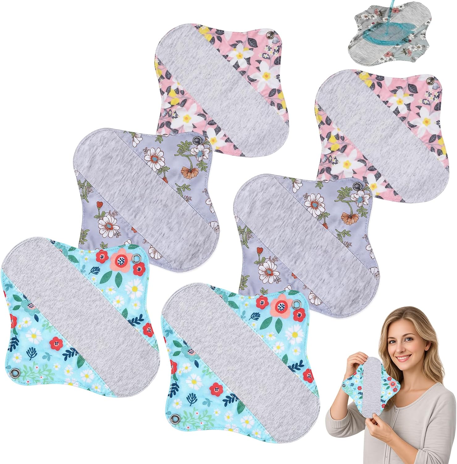 6 PCS Reusable Incontinence Pads, Reusable Incontinence Pads for Women, Washable Waterproof Pads, Menstrual Protection Solution, 7in Pads in Pink Gray Green Colors