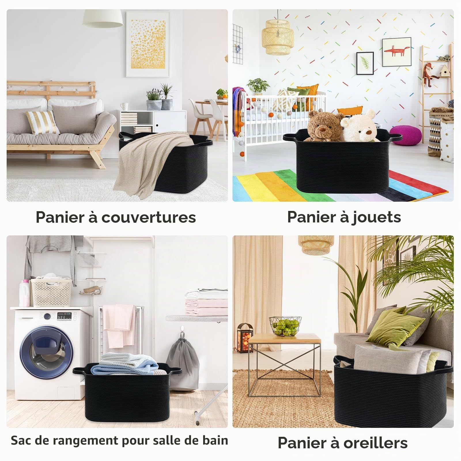 Grand panier de rangement tressé - Panier de rangement tressé pour chambre d'enfant - 55 x 38 x 30 cm - Noir