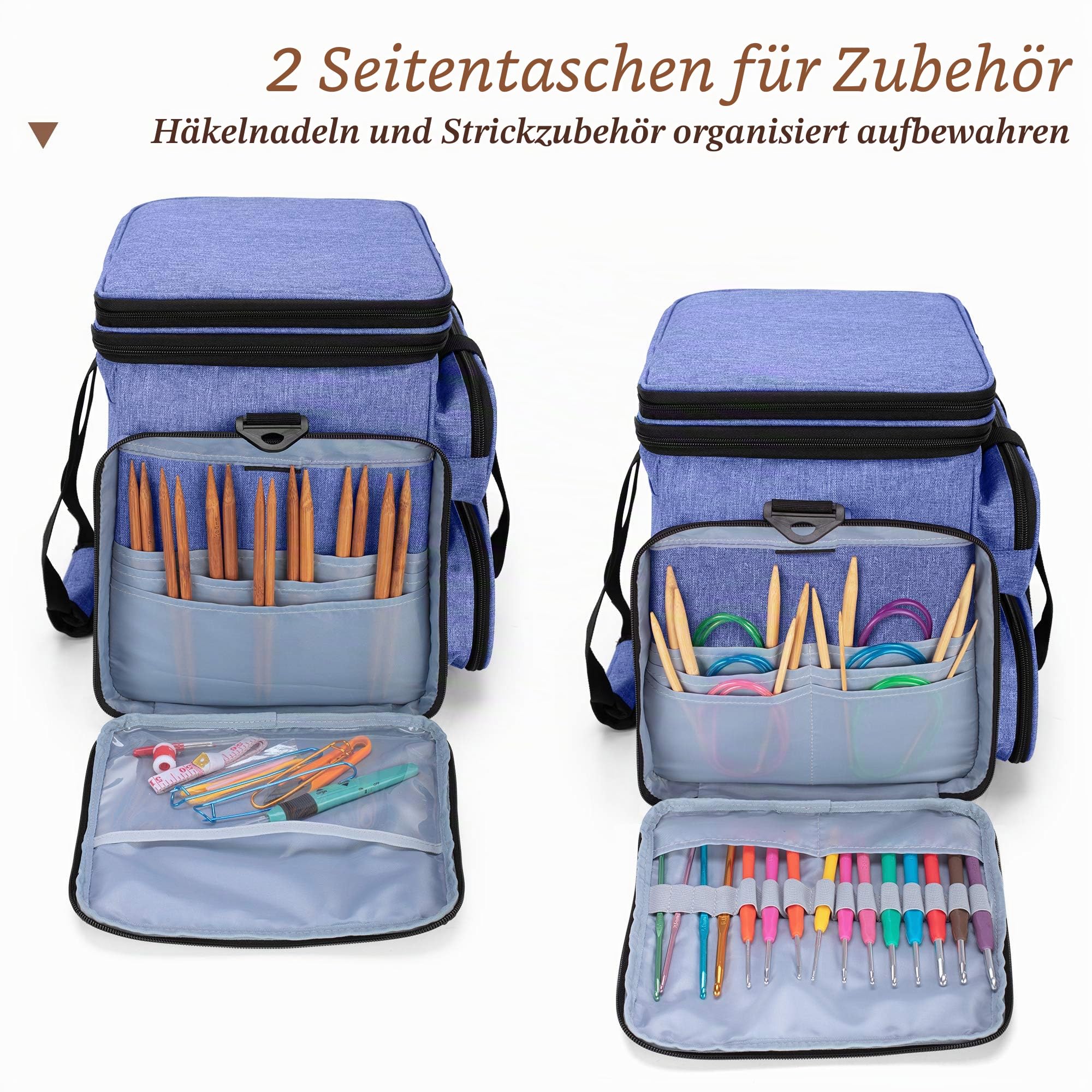 Yarwo Stricktasche zur Aufbewahrung von Wolle, Häkel Aufbewahrungstasche für Garn, Handarbeitstasche für Stricken Wolle und Häkel Zubehör, Blau