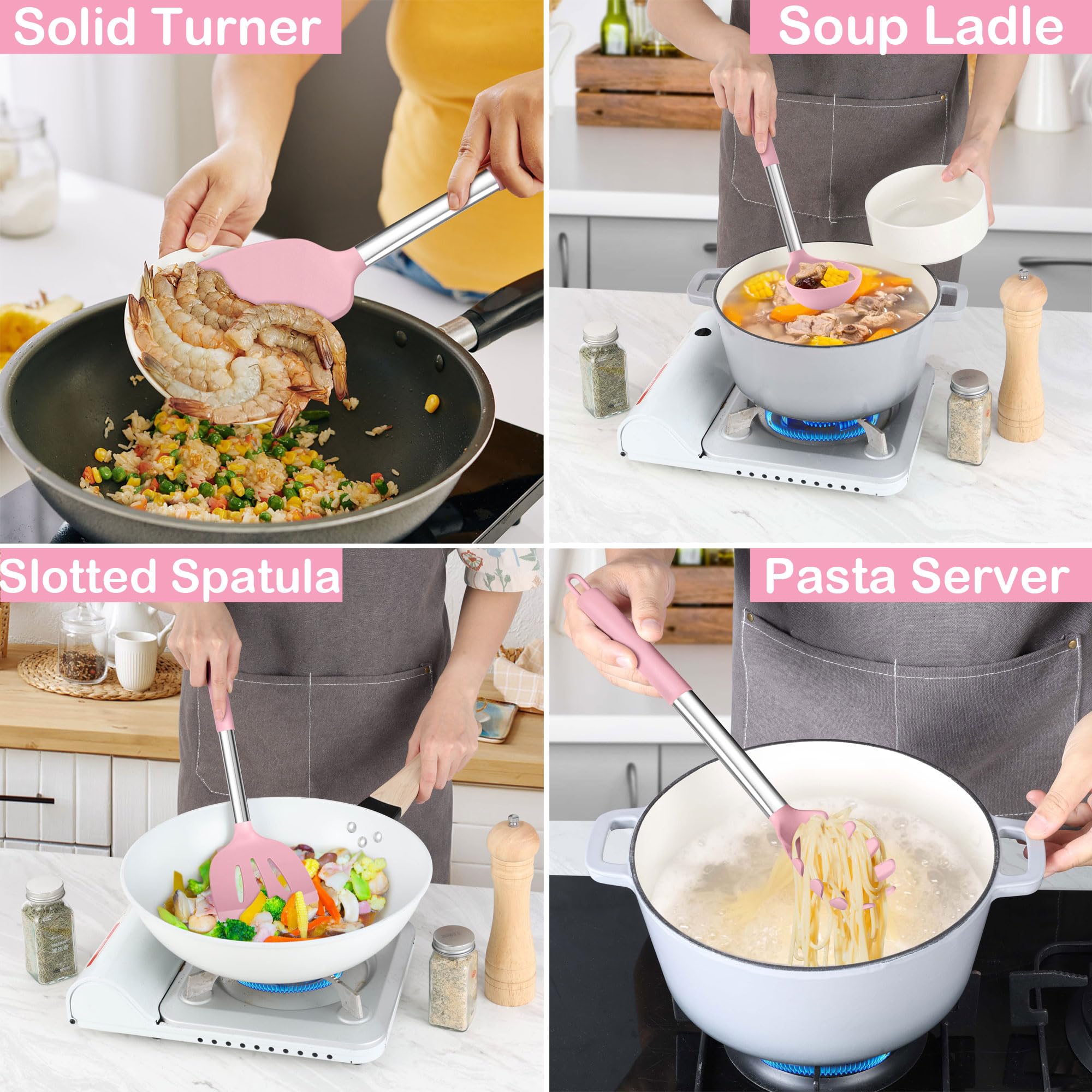 LIANYU 15-teiliges Kochutensilien-Set mit Edelstahlgriff, Silikon-Küchenhelfer mit Halter, hitzebeständiger Spatel, Löffel, Pfannenwender, Zange, Schneebesen, Bürstenwerkzeuge zum Kochen