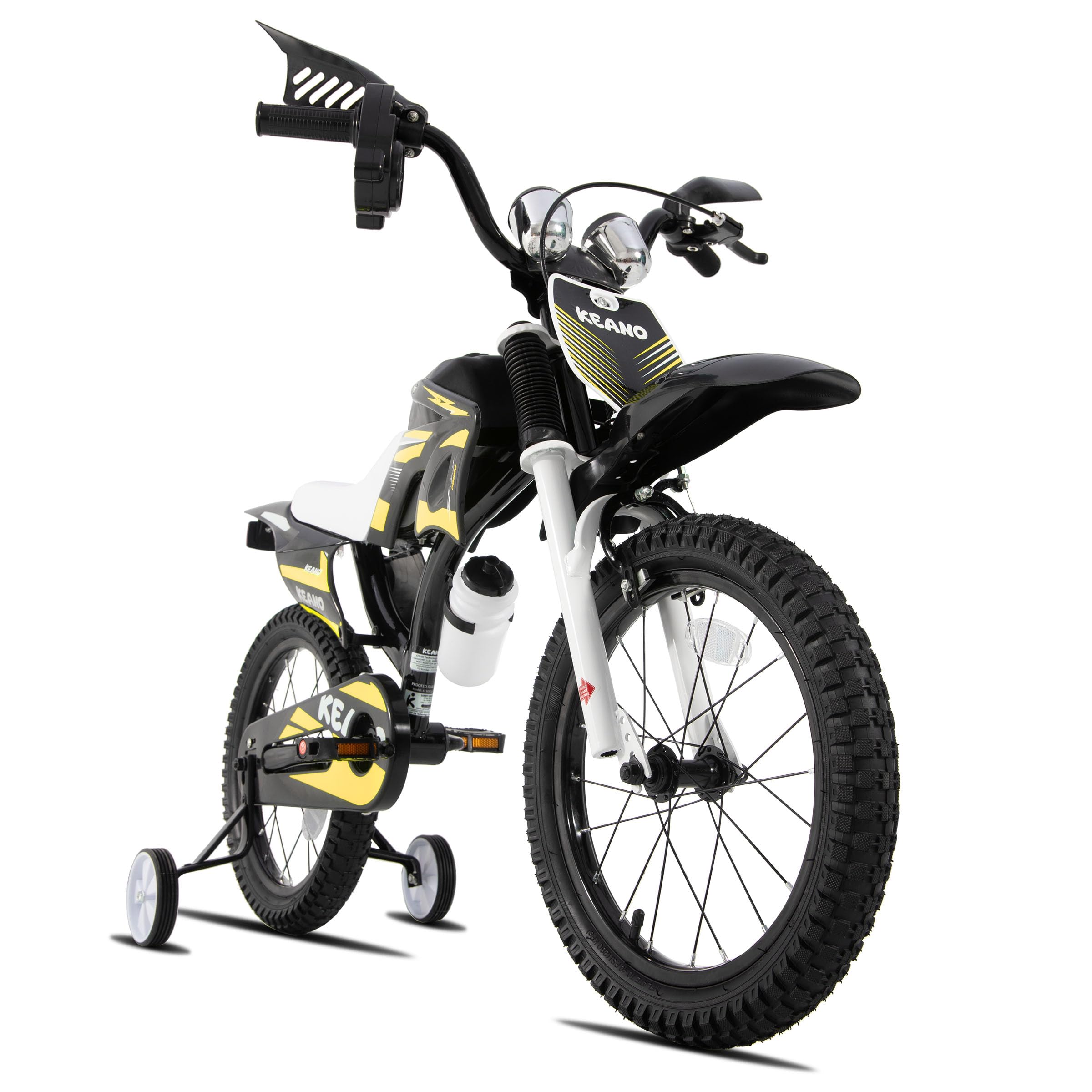KEANO Motocross-Style-Kinderfahrrad für Jungen und Mädchen im Alter von 3–7 Jahren, 12- und 16-Zoll-Räder mit Stützrädern und Nummernschild, Kinderfahrräder in Schwarz