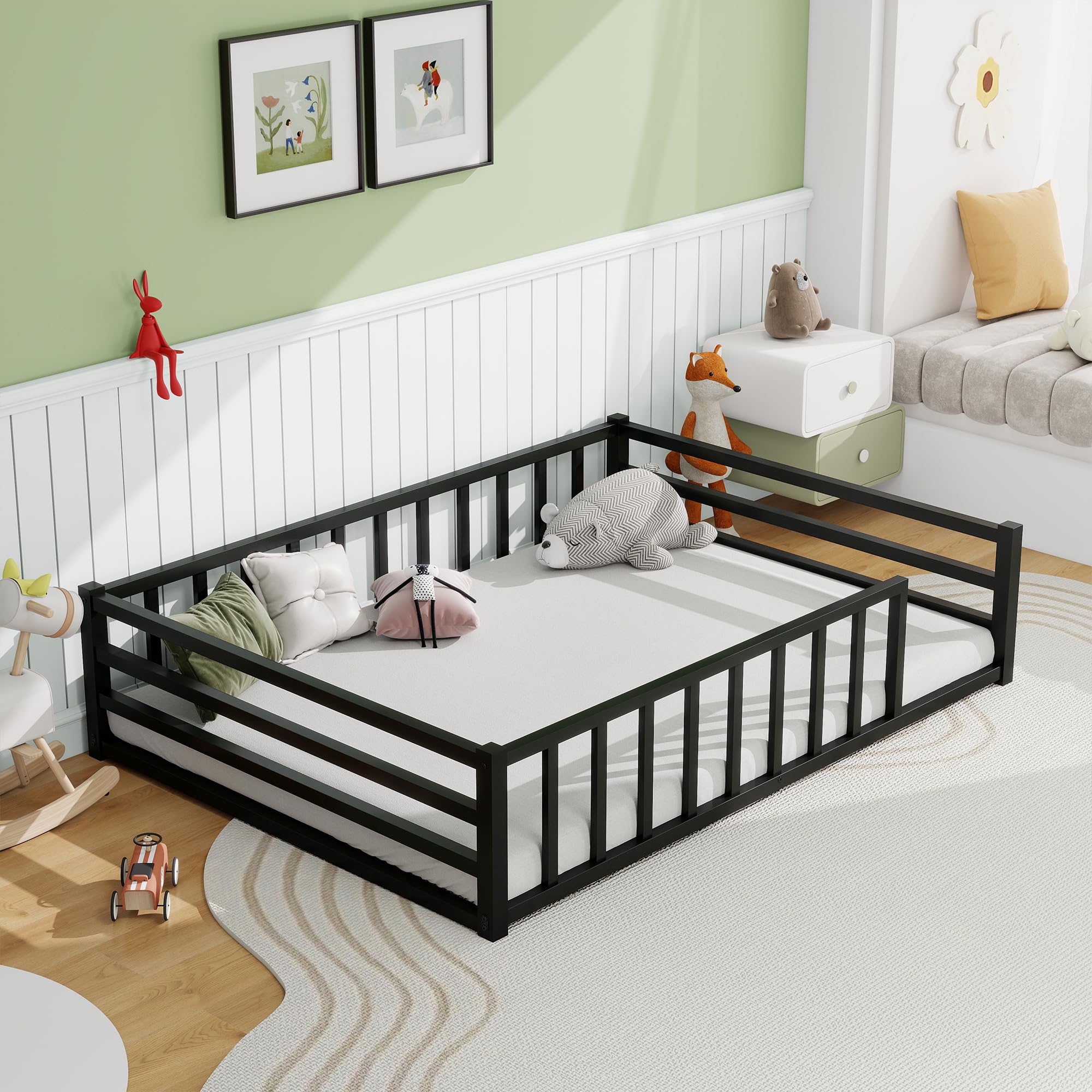 VECOCHO Floor Bed 197×140cm,Double Bed Frame with Slats, Double Bed Base with Movable Safety Guardrails, Low Bed Frame Metal Platform, Bedroom Furniture,Easy Assemble,No Box Spring Needed,Black — image 1