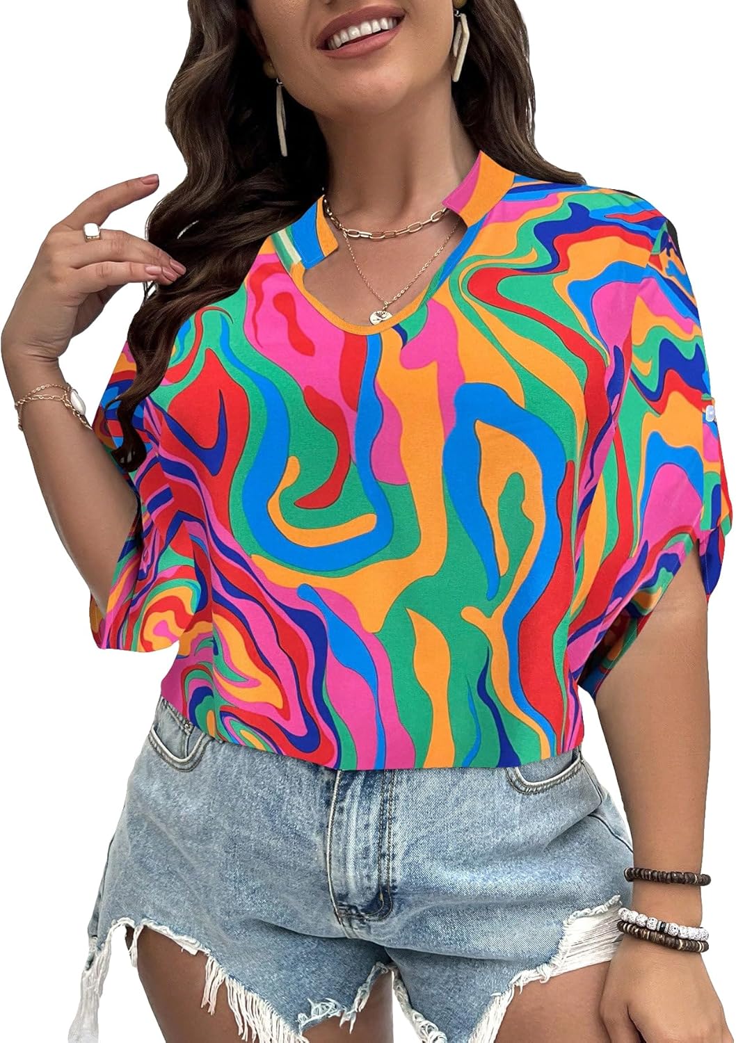 OYOANGLE Women's Plus Size Color Block All Over Print 3/4 Sleeve ...