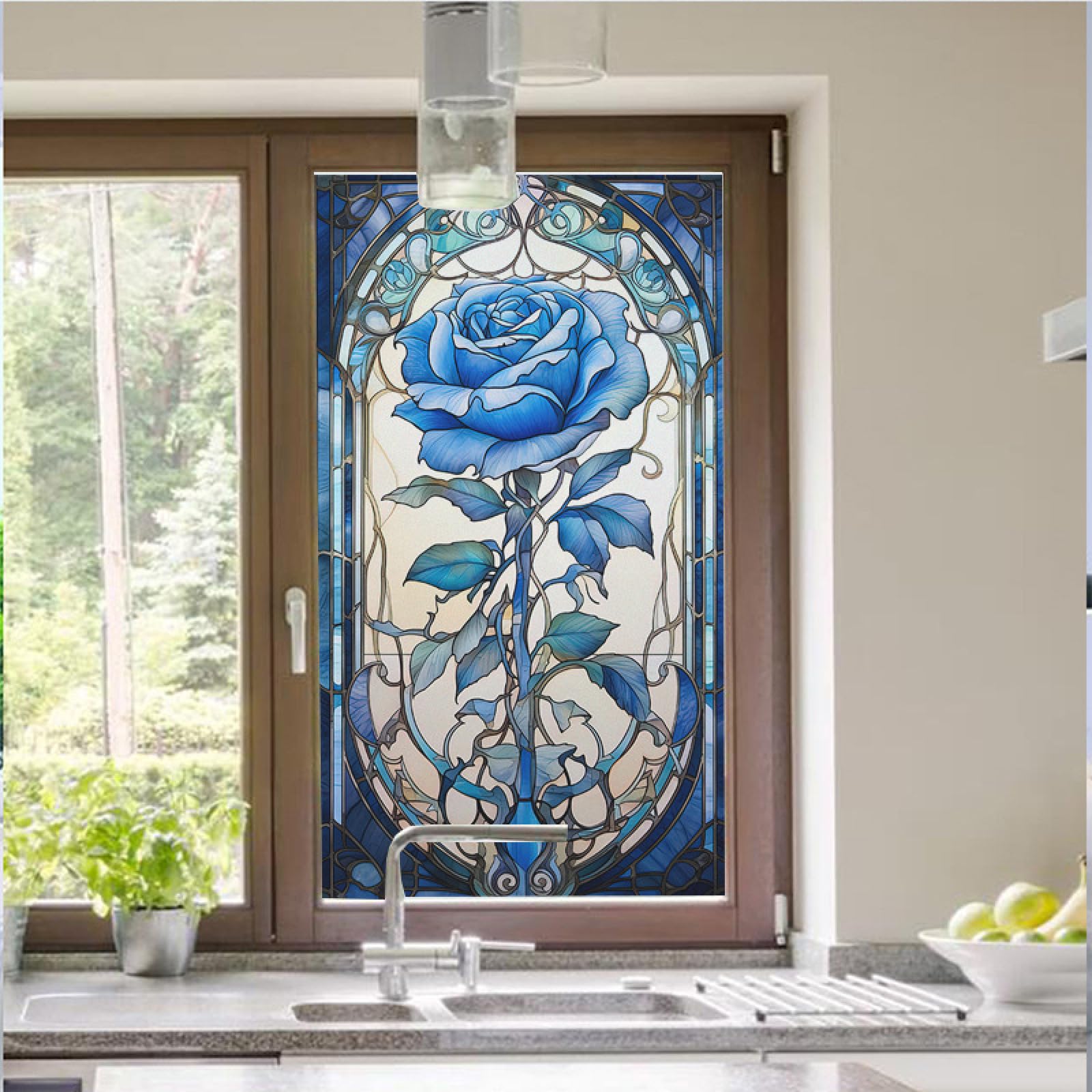 Window Film Privacy Rose Blue Beige Frosted Privacy Film for Glass Windows Removable Opaque Static Cling Self Adhesive Window Films Covering for Home Bathroom 45x90cm/1 Pcs
