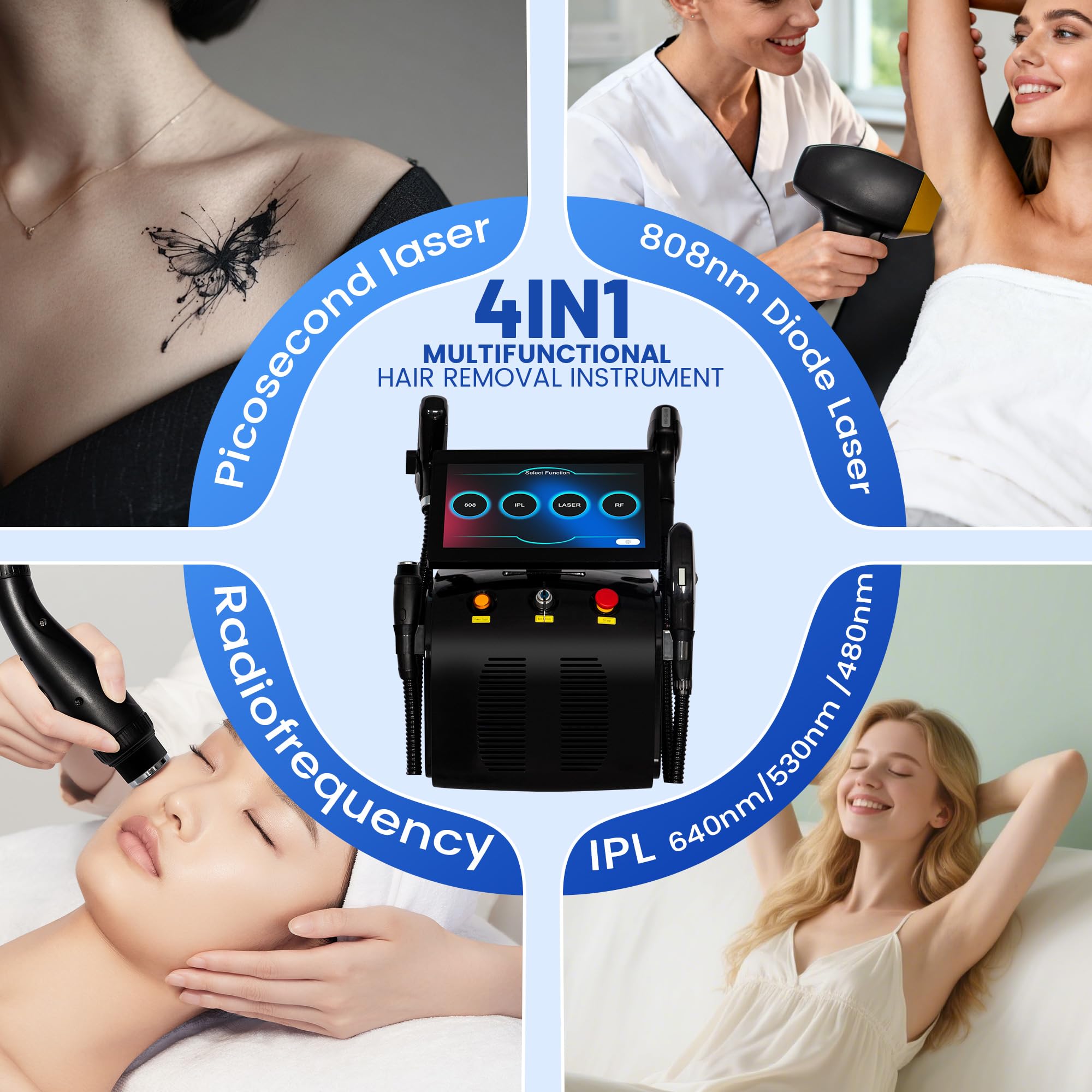 Macchina Epilazione Laser a Diodo 808nm 4 in 1 Salone | Piattaforma multi manipolo per epilazione, servizi IPL con filtri e trattamenti estetici RF in salone