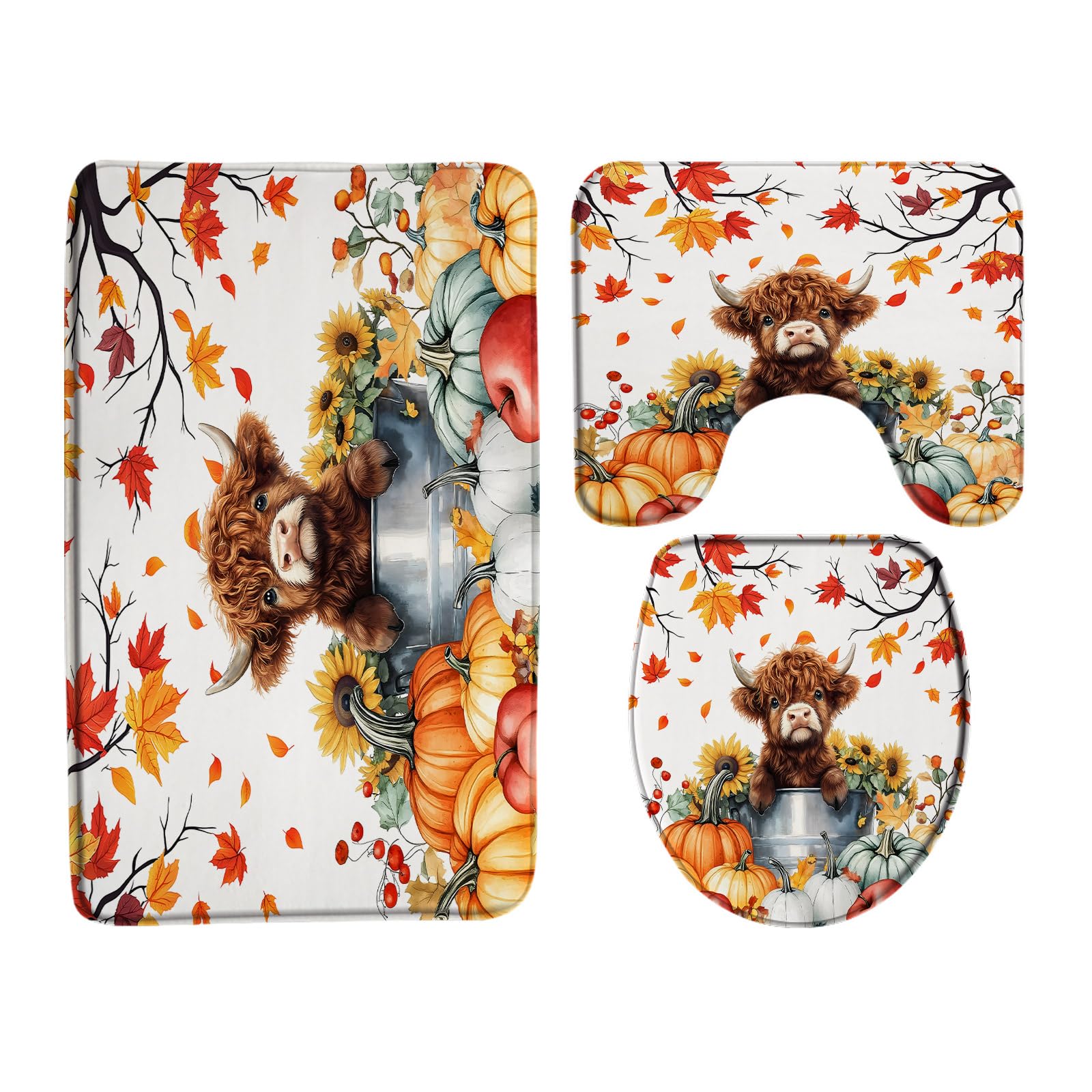 AYDSMYD 3 Piece Fall Pumpkin Bath Mat Funny Highland Cow Autumn Thanksgiving Harvest Rustic Farmhouse Sunflower Maple Leaves Bathroom Bathtub Floor Rugs Absorbent Doormat Toilet Decor