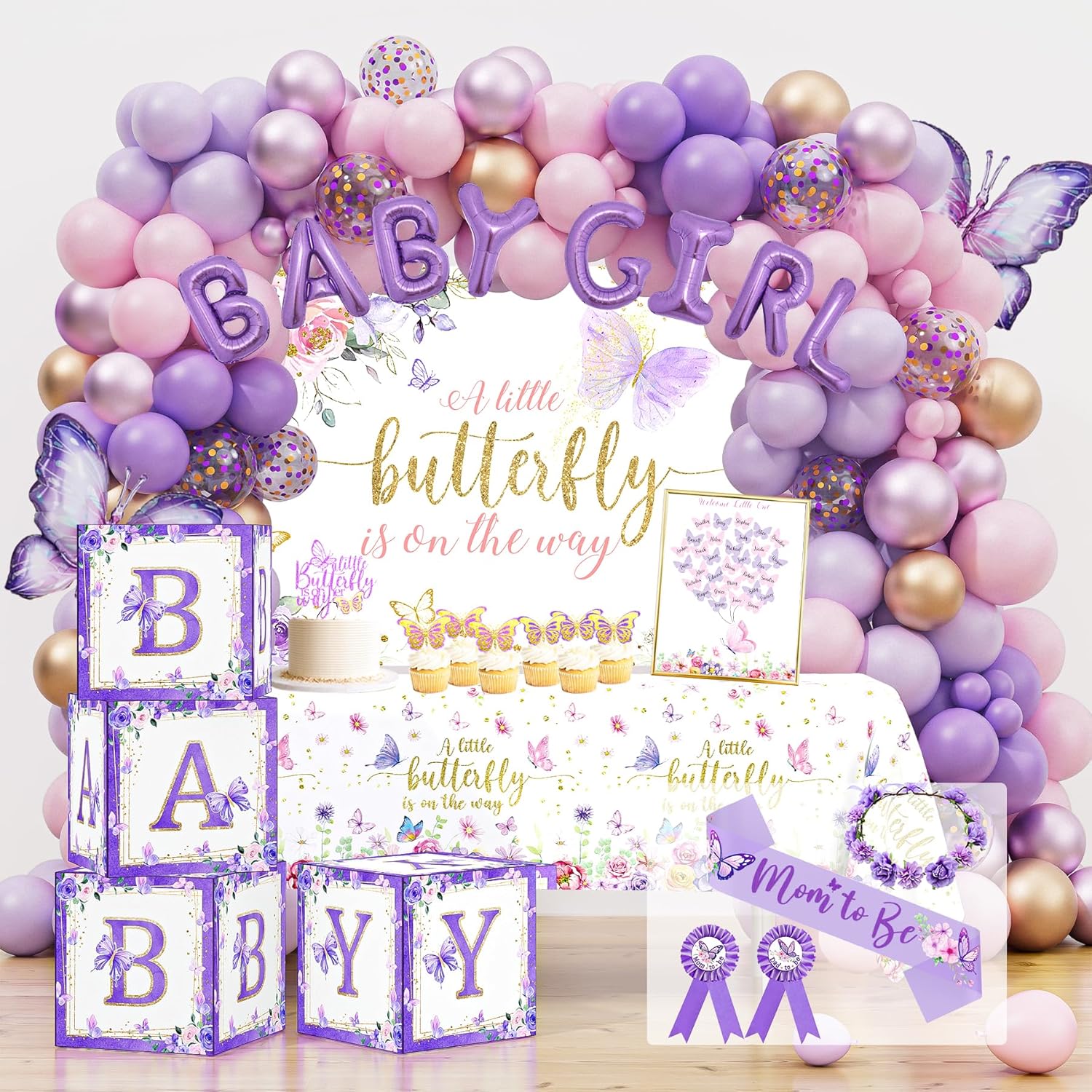 Butterfly Baby Shower Decorations Party Supplies, A Little Butterfly Is On The Way, It's a Girl Gender Reveal, Baby Shower Box Mom to Be Sash Dad to Be Pin Flower Crown Balloon Garland Tablecloths