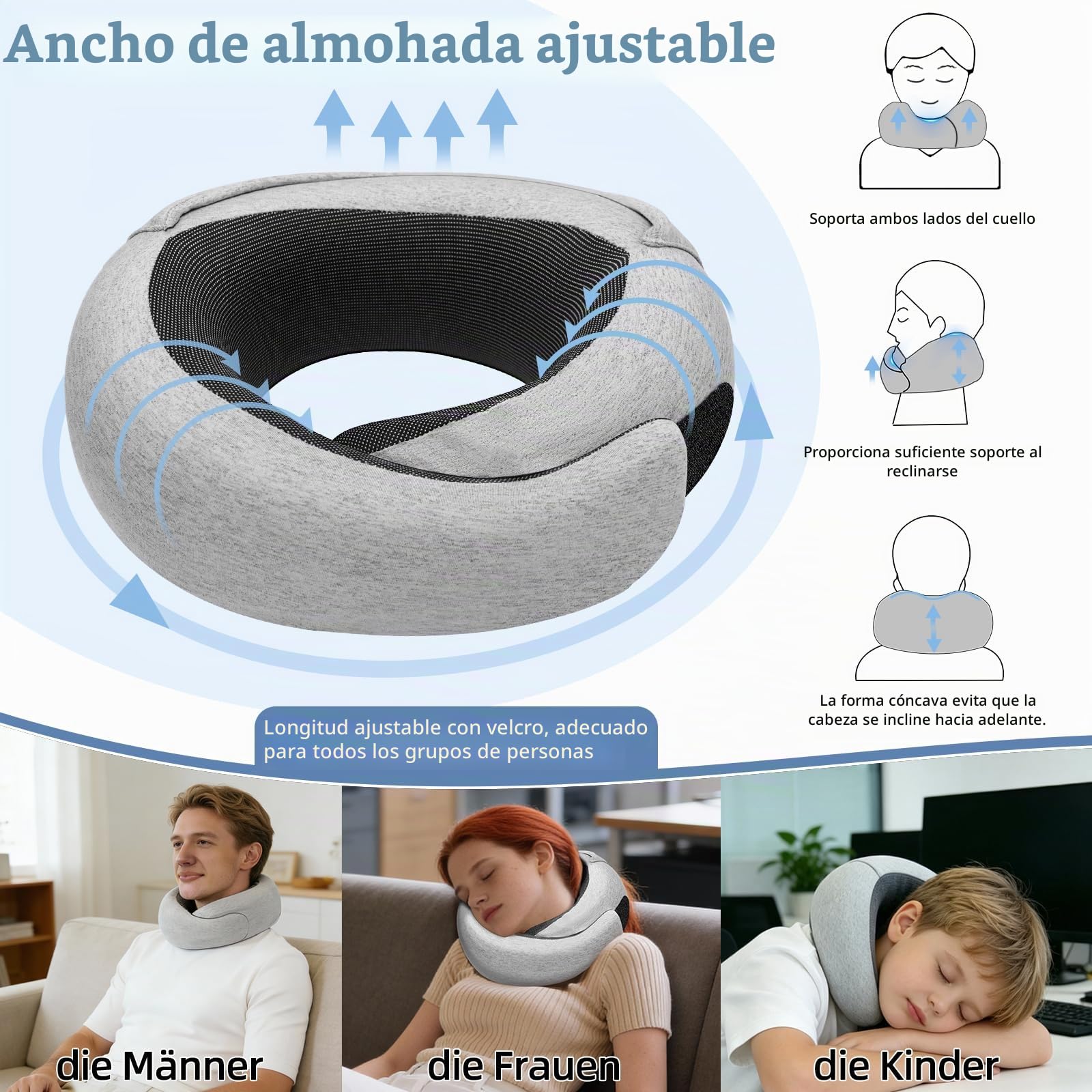 Cojín De Viaje Compactable con Capucha Cortaviento, Soporte 360° Integral | Funda Desmontable, Espuma Viscoelástica, Ajustable Velcro, Tela Transpirable, Set Completo Con Bolsa De Almacenamiento
