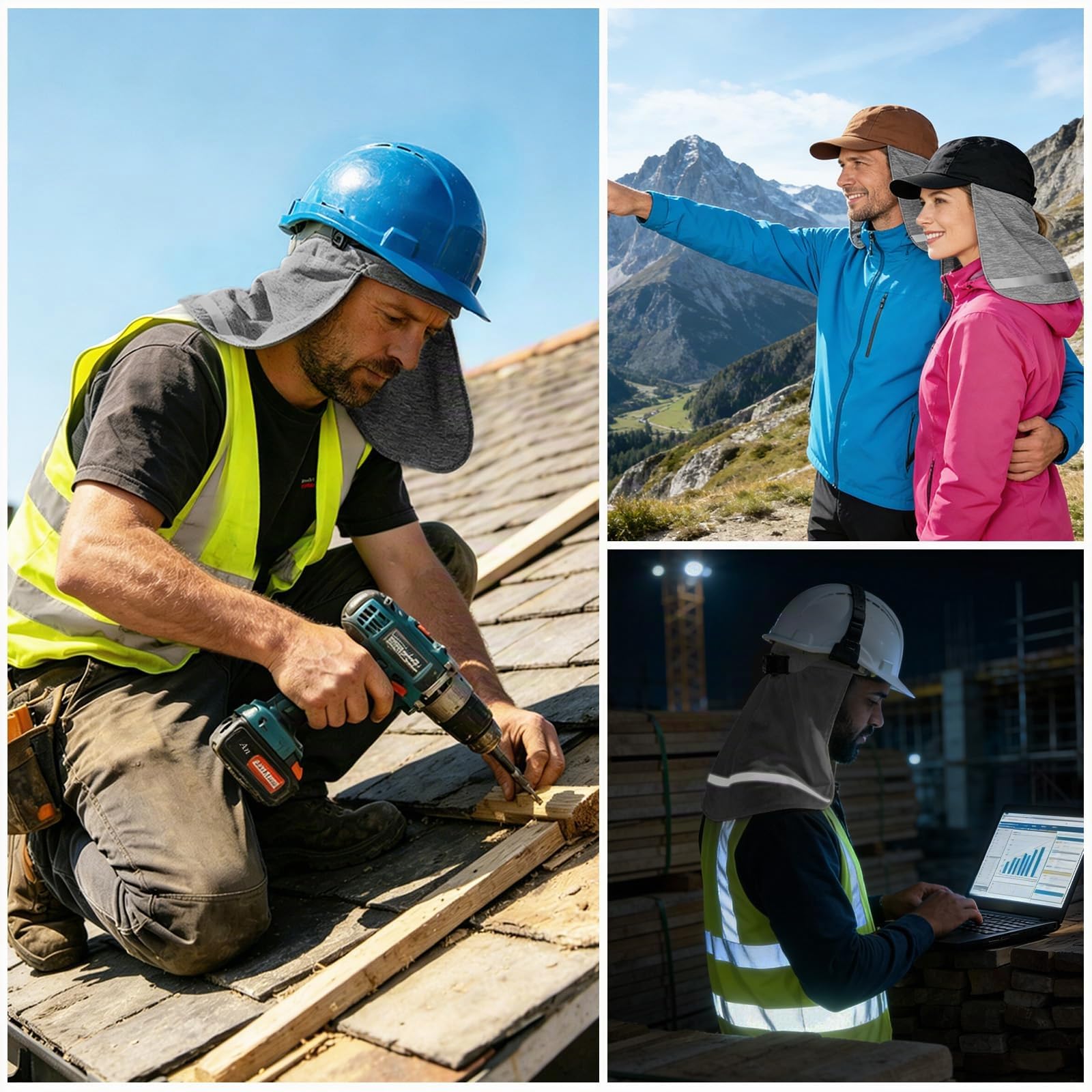 3 Stück Sonnenhut mit Nackenschutz, Sommer Sonnenhut, Kopftuch für Schutzhelme, mit Reflektierenden Streifen, Atmungsaktiv Sonnenschutz, für Outdoor Arbeit Angeln und Sports