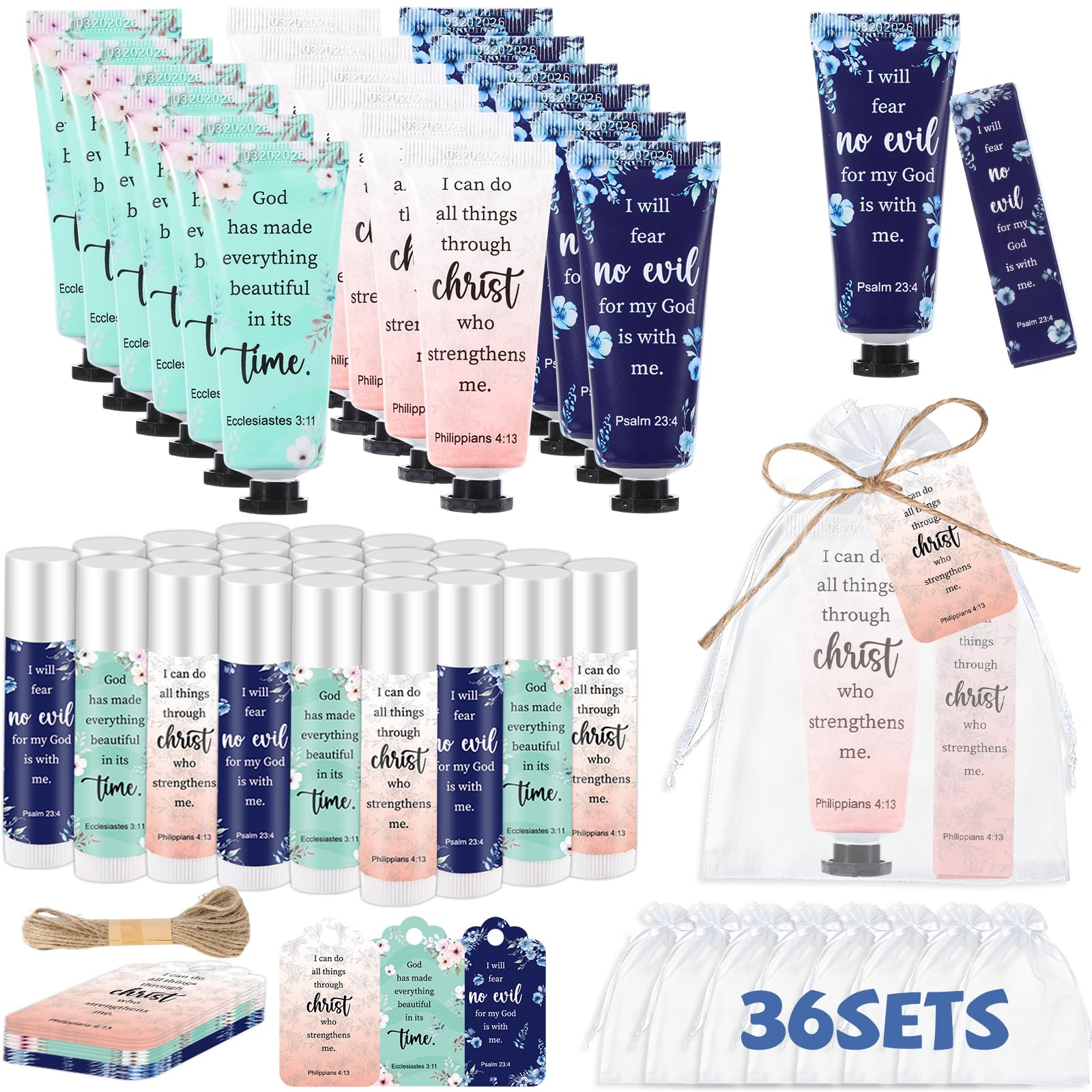 Photo 1 of 144Pcs 36 Sets Christian Hand Cream and Lip Balm Gift Set Moisturizing Gift Sets With Organza Bag Christian VBS Gifts Bible Verse Bulk Gifts for Teacher Wedding Baby Shower Church Prayers for Women
