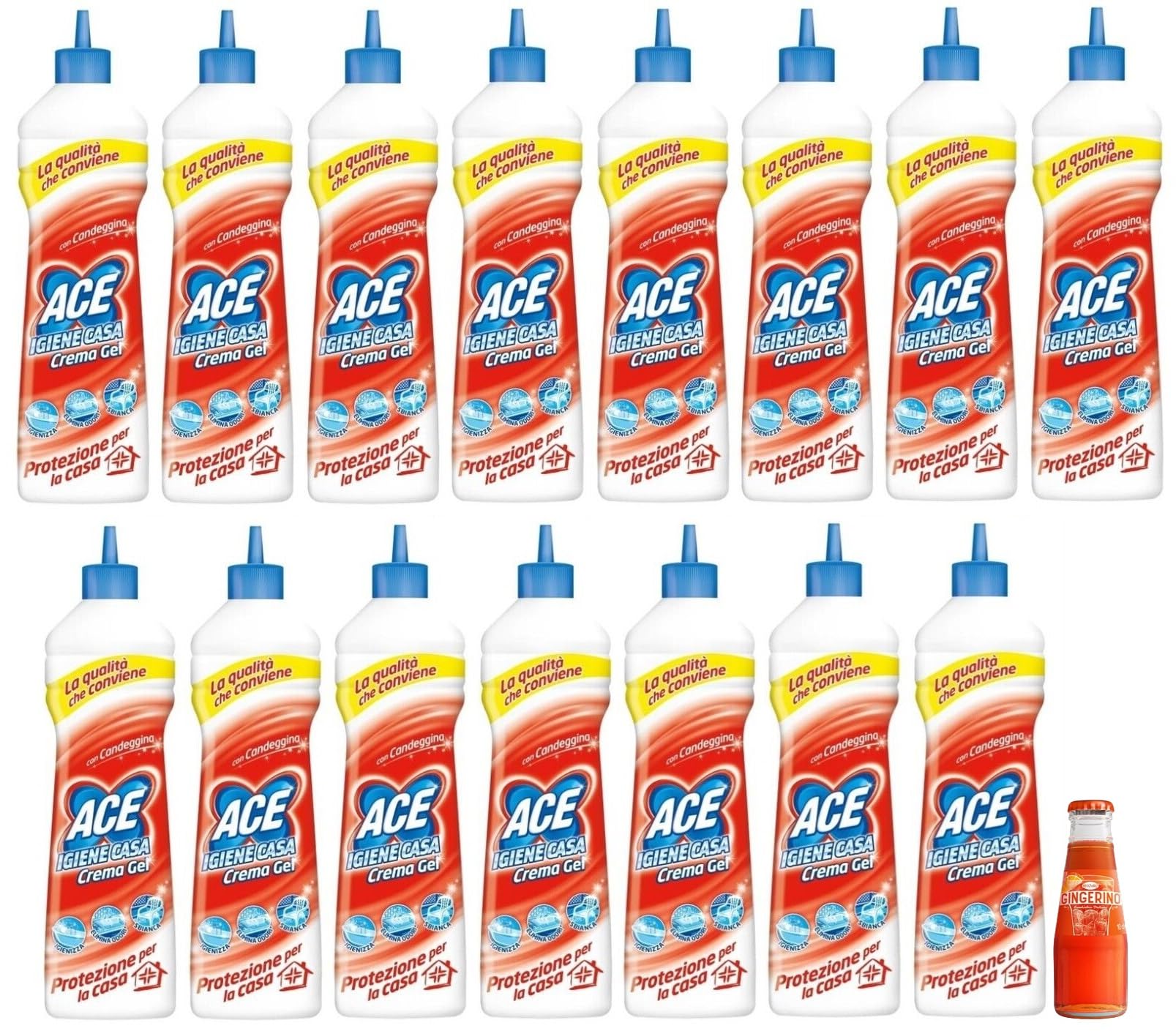 15x ACE Igiene Casa Crema Gel con Candeggina,Detergente per Casa, 500ml + 1x Gingerino Recoaro Aperitivo Italiano 10cl IN OMAGGIO