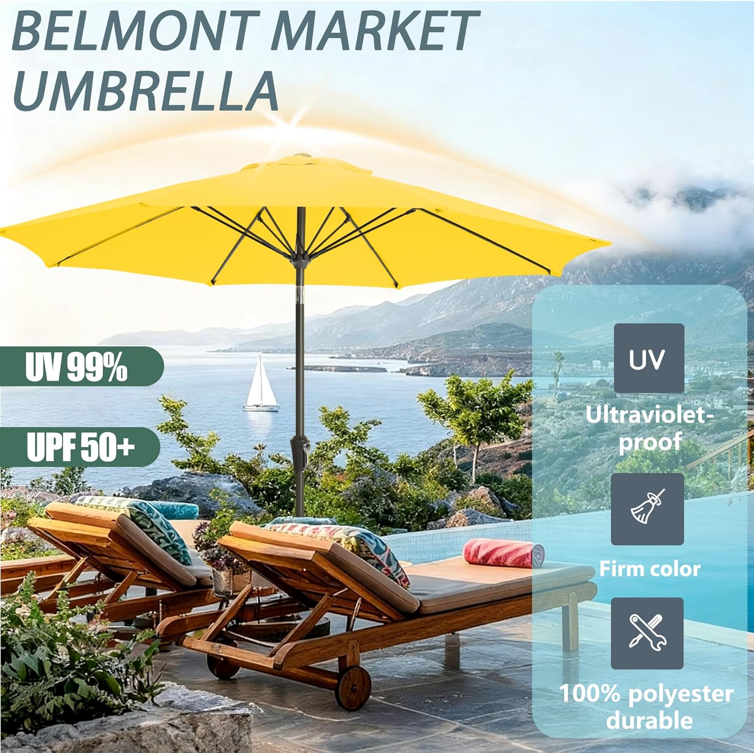 9FT Outdoor Patio Umbrella Outdoor pool Umbrella with Push Button Tilt and Crank, Market Umbrella 8 Sturdy Ribs UV Protection for Garden, Deck, Backyard (Yellow)