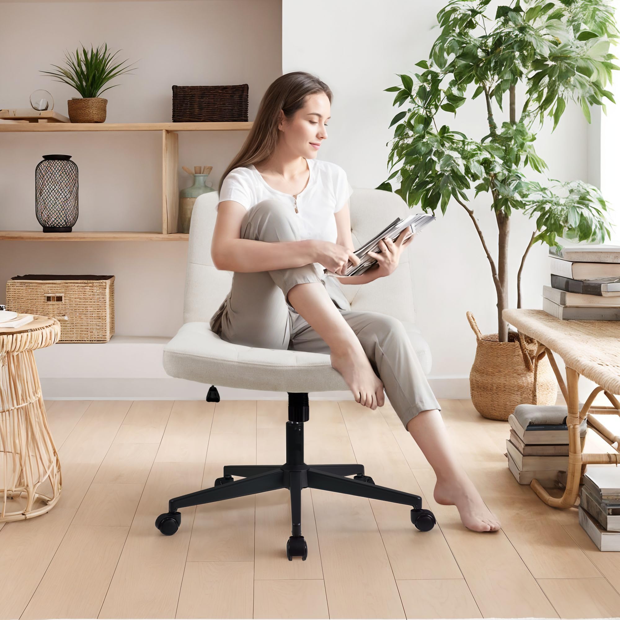 Chaise de Bureau sans Bras à Dossier Moyen, Chaise de Maquillage Extra-Large, Chaise à Pieds croisés réglable en Hauteur, Chaise Commode Confortable(Beige)