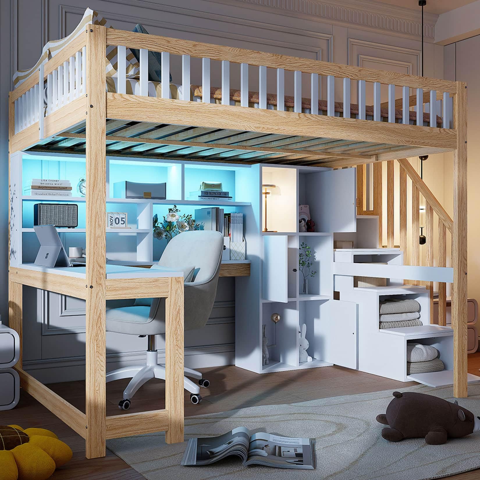 Lit Mezzanine 2 Places 140x200cm,Cadre de Lit 2 Personnes avec Éclairage LED Réglable,Bureau,Étagères,Échelle de Rangement,pour Garçons Filles(Naturel, 140x200)