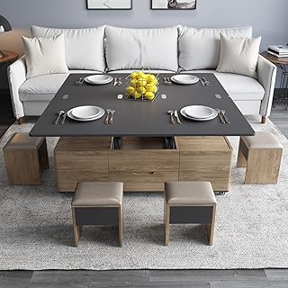 Guyii Lifting Coffee Table with 4 Stools 3 in 1 Center Table with Storag...