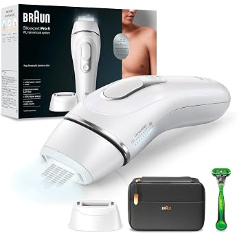 Braun IPL Silk Expert Pro 5 Mens Hair Removal Device Permanently Visible Hair Removal Gillette Body Razor & Bag Alternative to Laser Hair Removal Gift Man PL5145 White/Silver