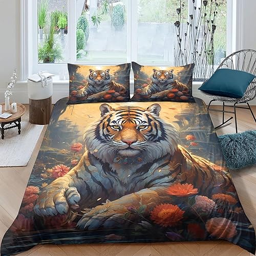 Juego de edredón de tigre con diseño de animales del bosque de tigre, diseño de gatos y perros, diseño de dibujos animados, para niños y niñas,