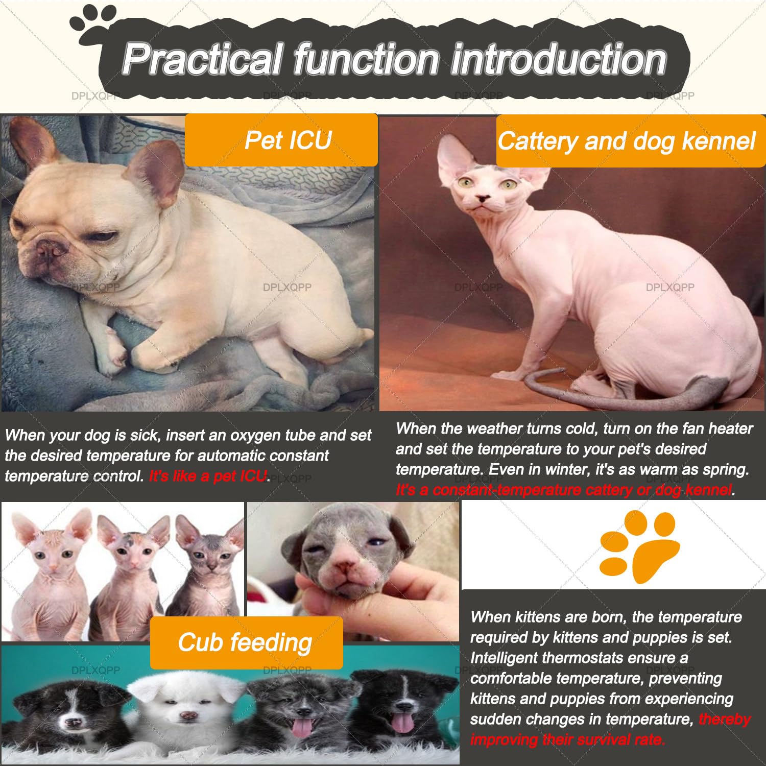 Caja de entrega de mascotas para perros y gatos, incubadora de cachorros y gatitos recién nacidos con monitor de temperatura y humedad, calentador de cerámica, ventilación de aire, panel de