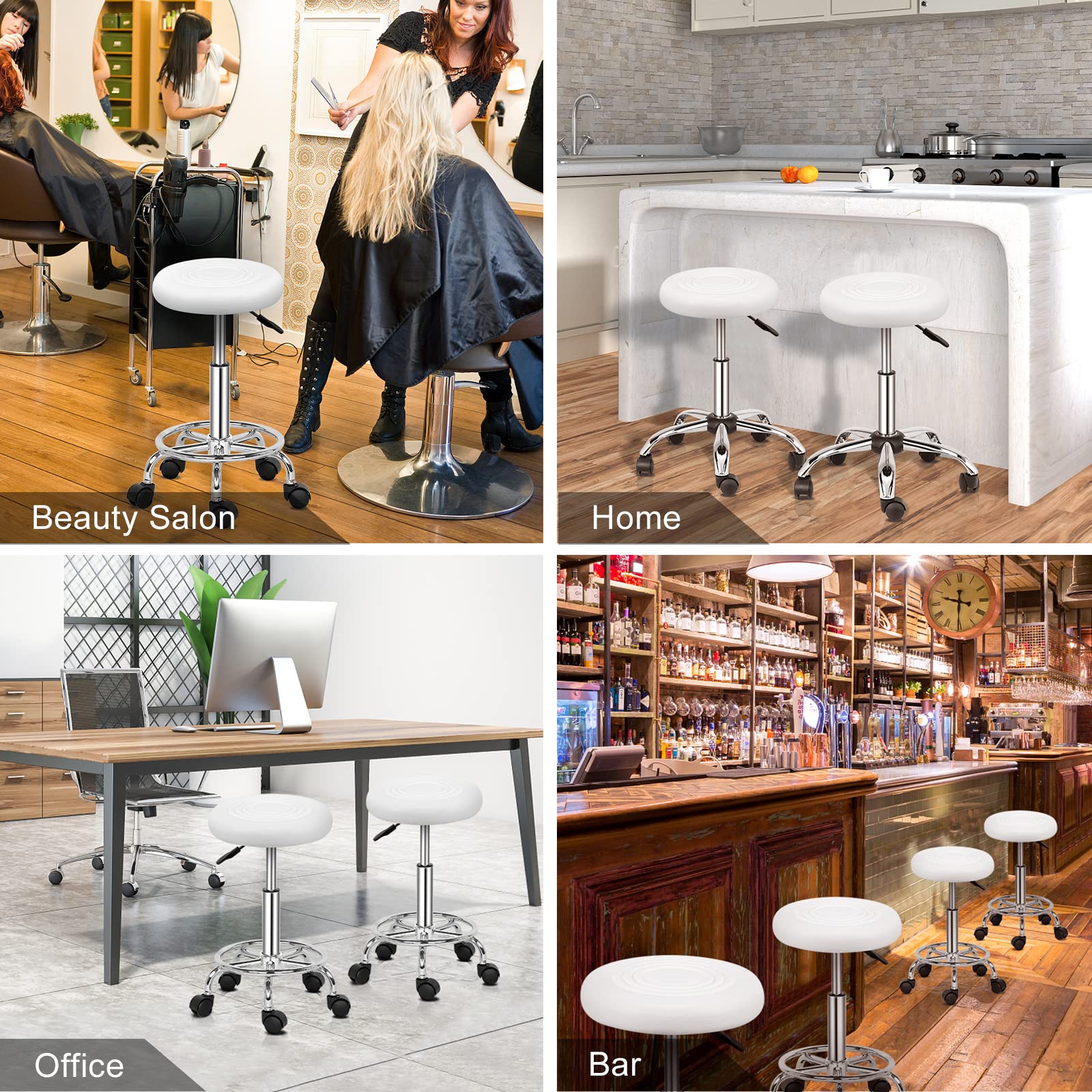 Bonnlo Tabouret de Bureau Tabouret à roulettes Rotation à 360° et Hauteur Réglable 47,5-61 cm pour Salon de Manucure, Salon de Beauté, Spas et Bureax, Blanc