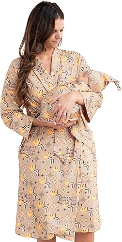 Bata de algodón orgánico de punto premium para madres y bebé con gorro Bata de entrega a juego y envoltura de envoltura para mamá y bebé Manta