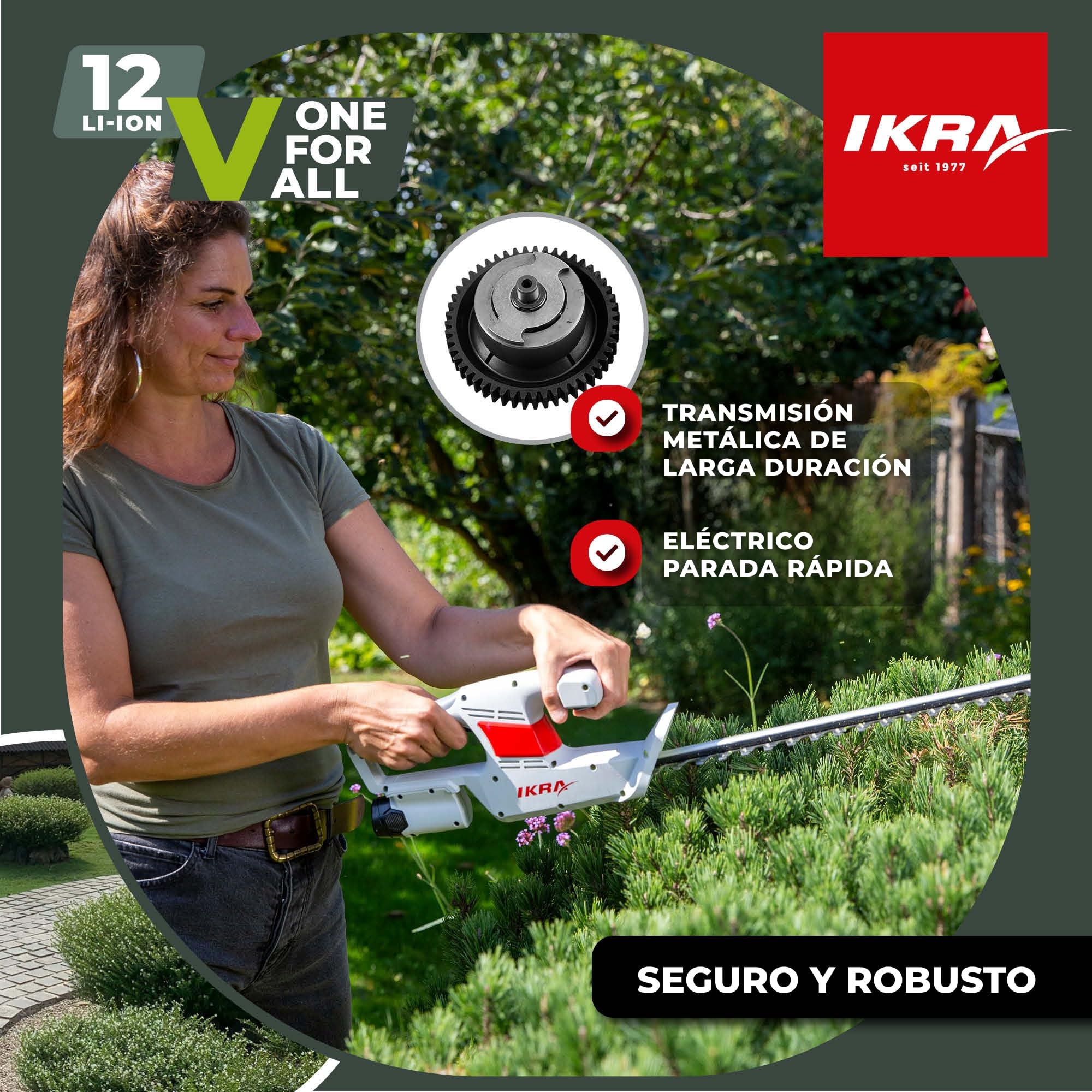 IKRA Cortasetos IAHS 1240, con batería y Cargador, Peso Ligero de 2 kg | Cuchilla con guía de aluminio y protector, longitud 41cm, grosor de corte 14mm, compatible con la gama de baterías IKRA 12V