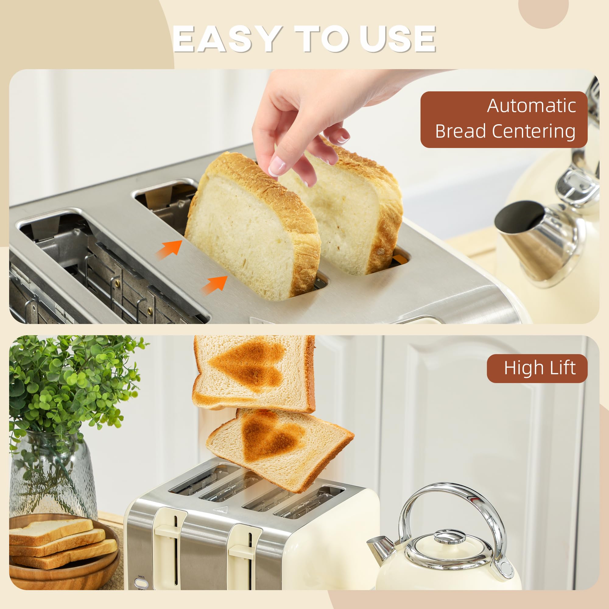 HOMCOM Juego de hervidor y tostadora de 2200 W, hervidor de acero inoxidable de 1,7 L con aislamiento y tostadora de 4 rebanadas, 7 niveles de dorado, descongelación, recalentamiento y bandeja