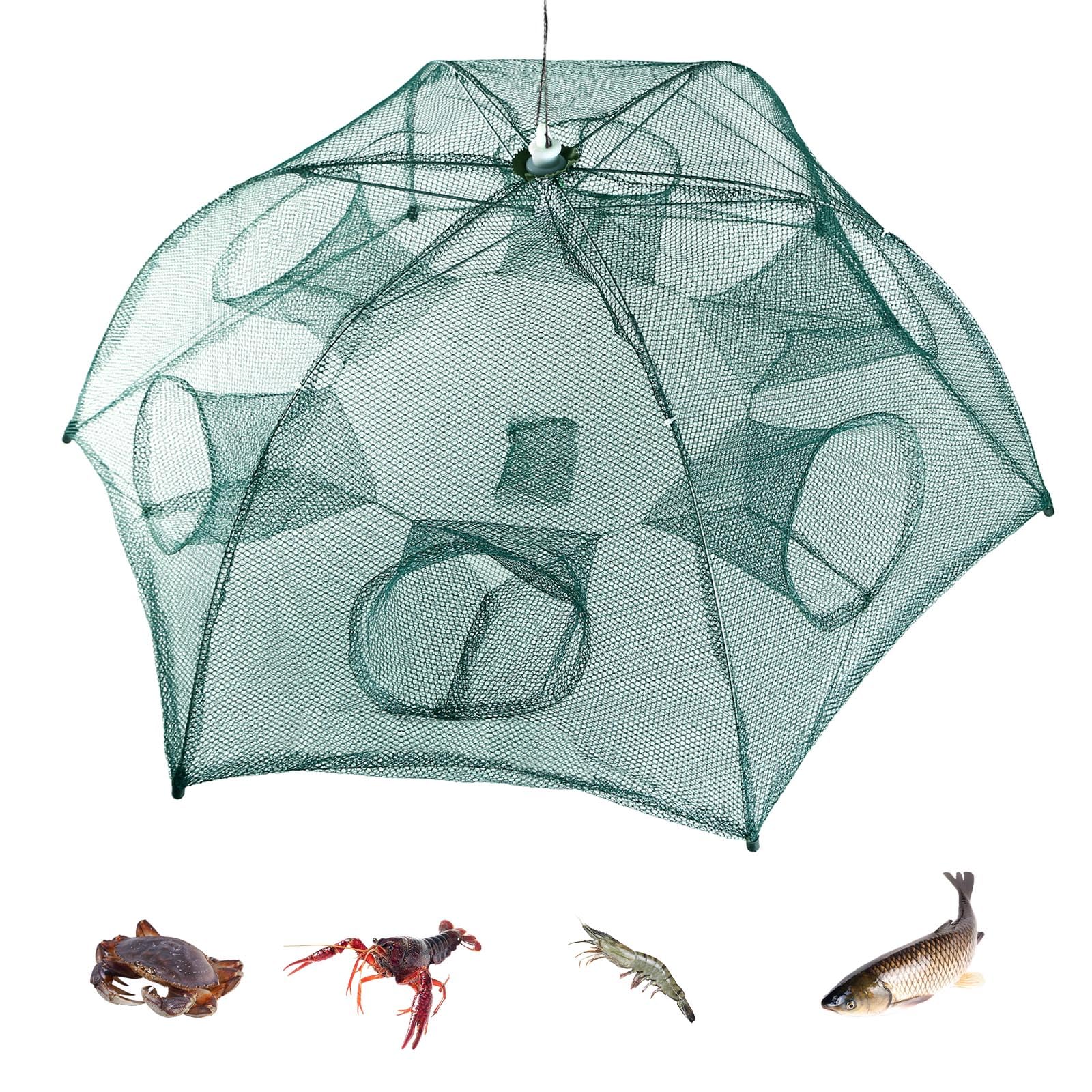 Fishing Trap Net, Folded Fishing Bait Trap, Fishing Net for Minnow Fish Shrimp Crawfish Crab, 6 Sides 6 Holes Crawdad Cast Cage Mesh Trap Automatic Portable