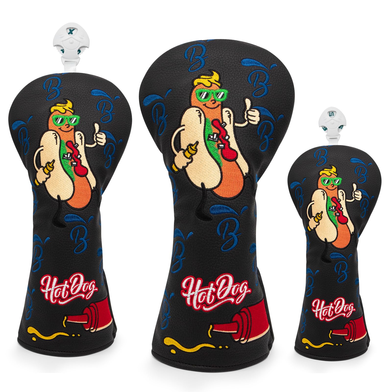 BAIRBREGolf Club Covers,Black Hot Dog Driver Cover Fariway Wood Headcovers Hybrid Head Covers 3 Wood Headcover Leather Golf Headcover with Number Tag for Scotty Cameron Odyssey Taylormade All Brand