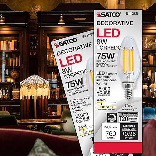 Miniatura 6 de Satco (S11385) LED C11 de 8 vatios transparente base de candelabro 3000 K 90 CRI 760 lúmenes 120 voltios 6 bombillas LED