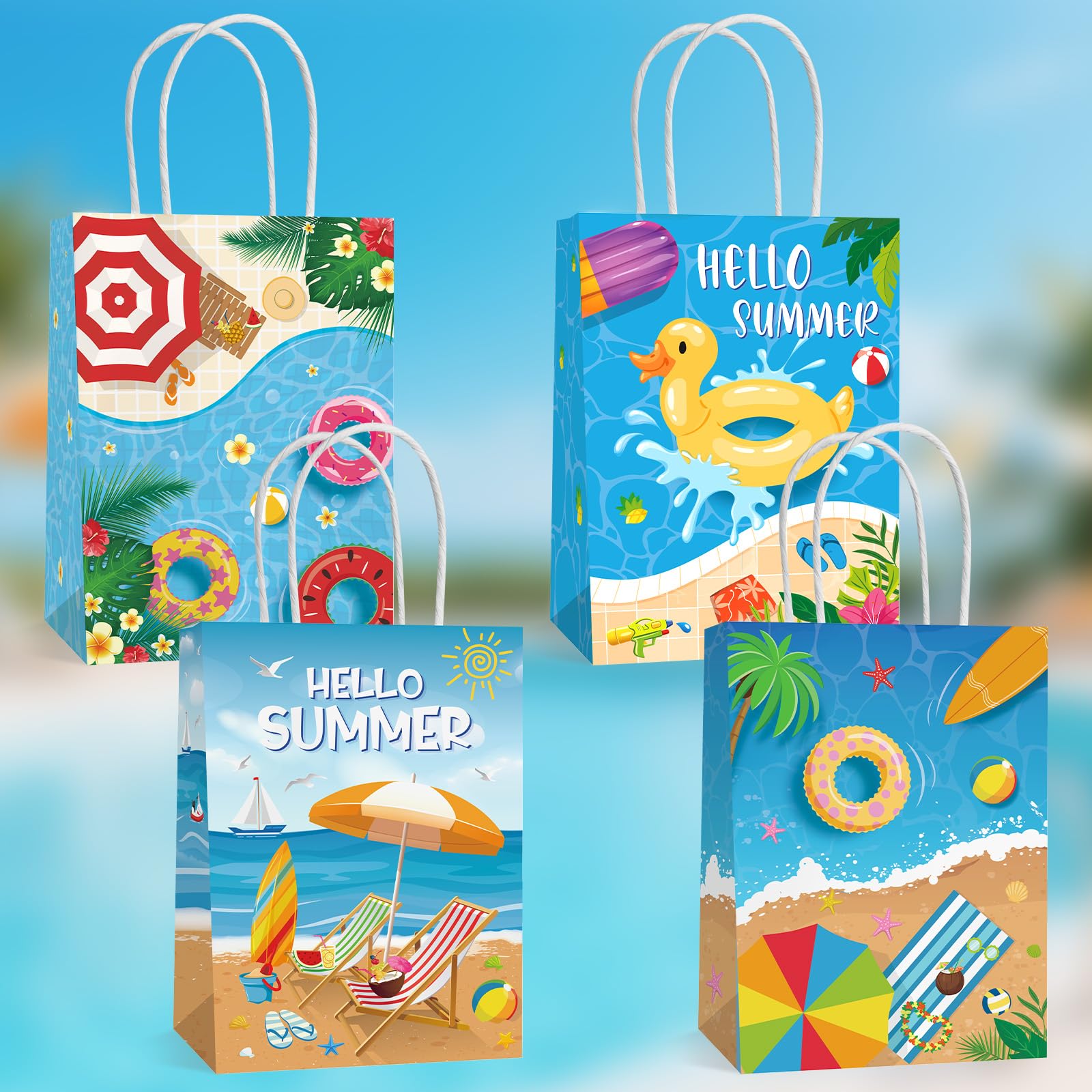 Hxezoc 12 Pieces Beach Party Gift Bags with Handle, Paper Treat Candy Bag Summer Pool Favor Bags for Hawaiian Theme Festival Luau Beach Party Decoration Supplies