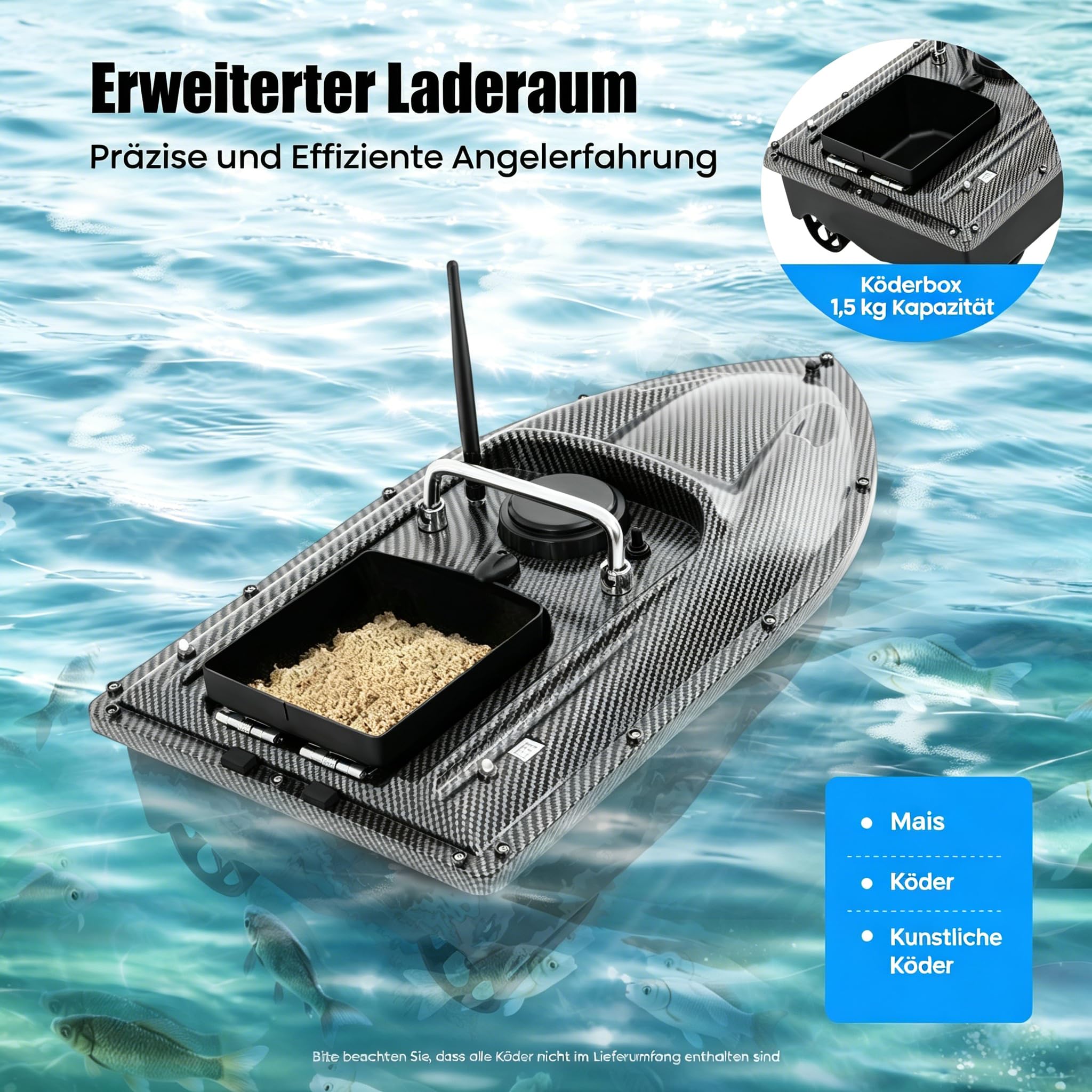 500m Futterboot Angeln Ferngesteuertes Köderboot, Angelköderboot mit LED-Licht, 1.5KG Beladung Nachtangeln Köderboot mit Großem Köderbehälter Wiederaufladbares Automatisches RC Boot