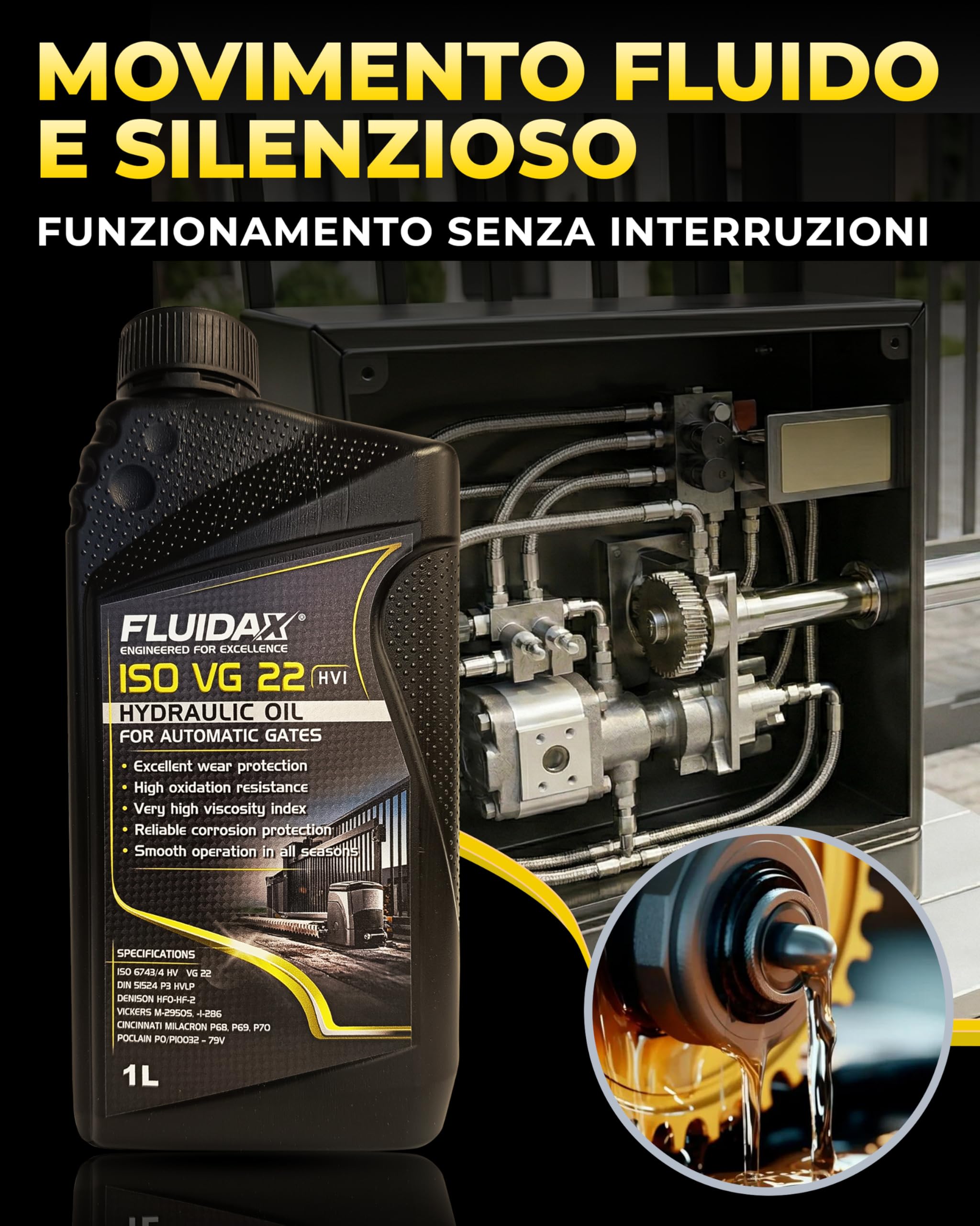 Olio Idraulico ISO VG 22 HVI 1L per Motori Cancelli Automatici – Alta Fluidità a Freddo (-39°C), Protezione Anti-Usura, per Pistoni, Attuatori e Centraline – Adatto FAAC BFT NICE CAME